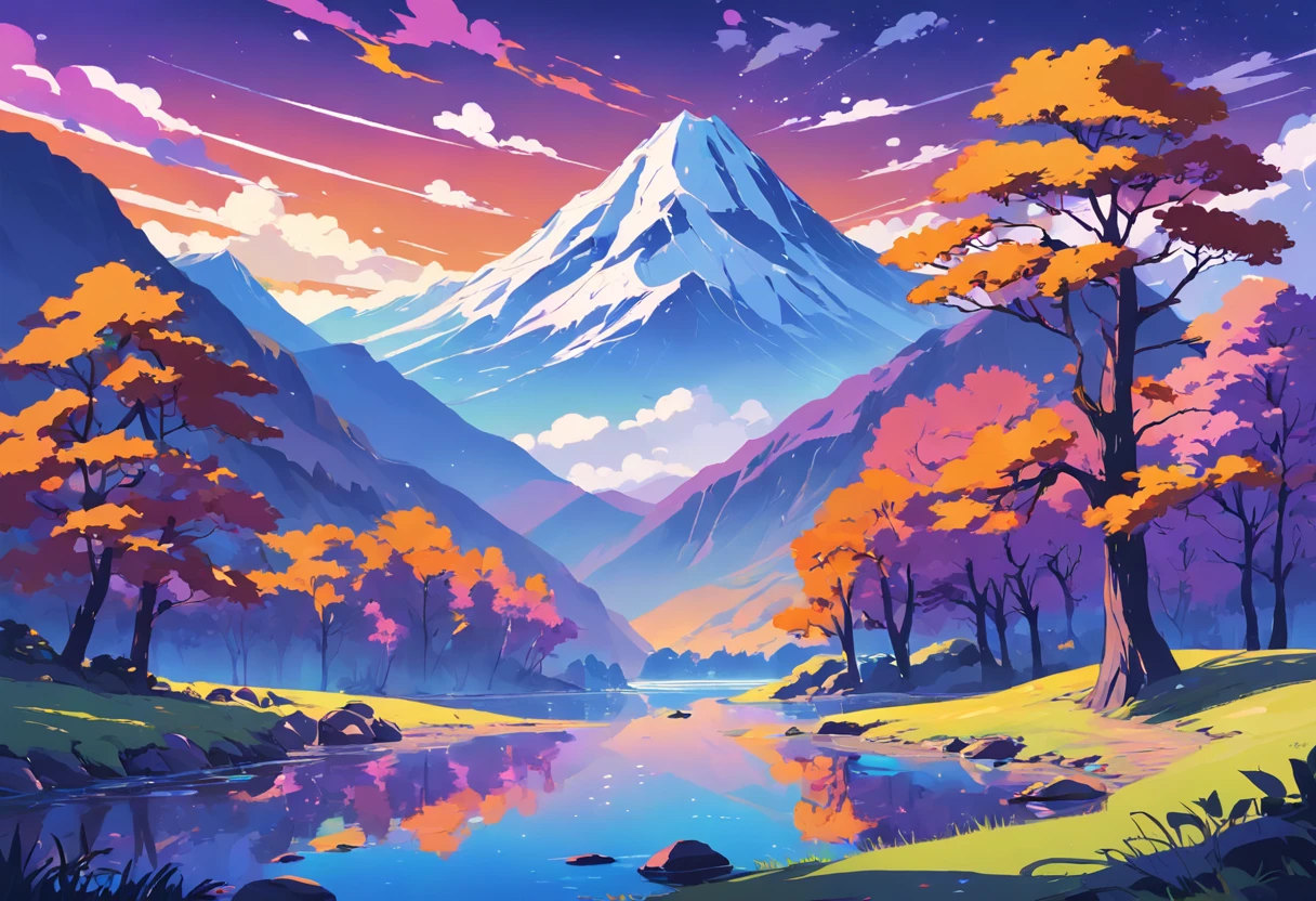 a purple landscape with mountains, trees and a river, in the style of serene seascapes, cartoon style, flat color style, vibrant illustrations, bright skies, calm river and sky, dark sky blue, orange and yellow