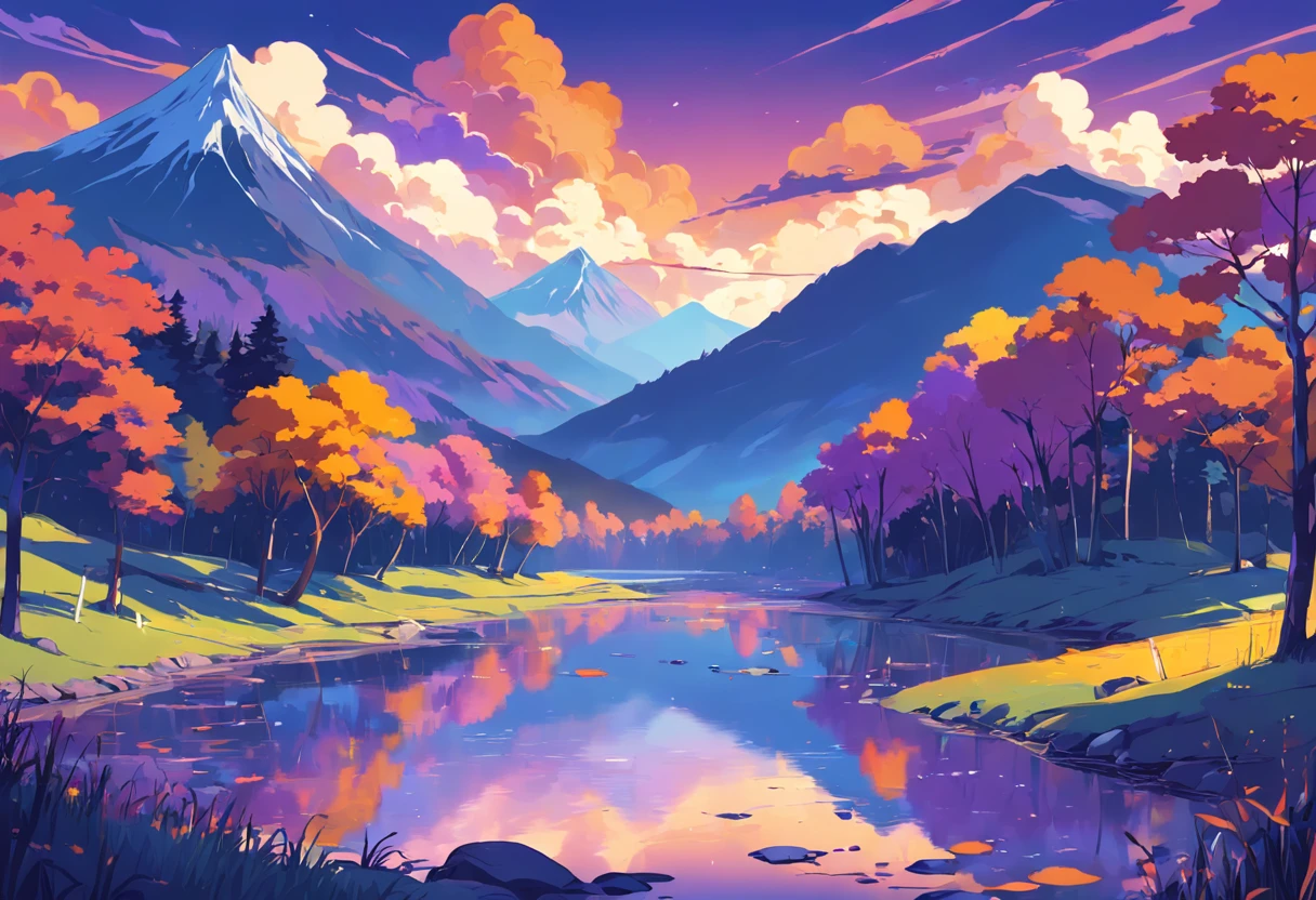 a purple landscape with mountains, trees and a river, in the style of serene seascapes, cartoon style, flat color style, vibrant illustrations, bright skies, calm river and sky, dark sky blue, orange and yellow