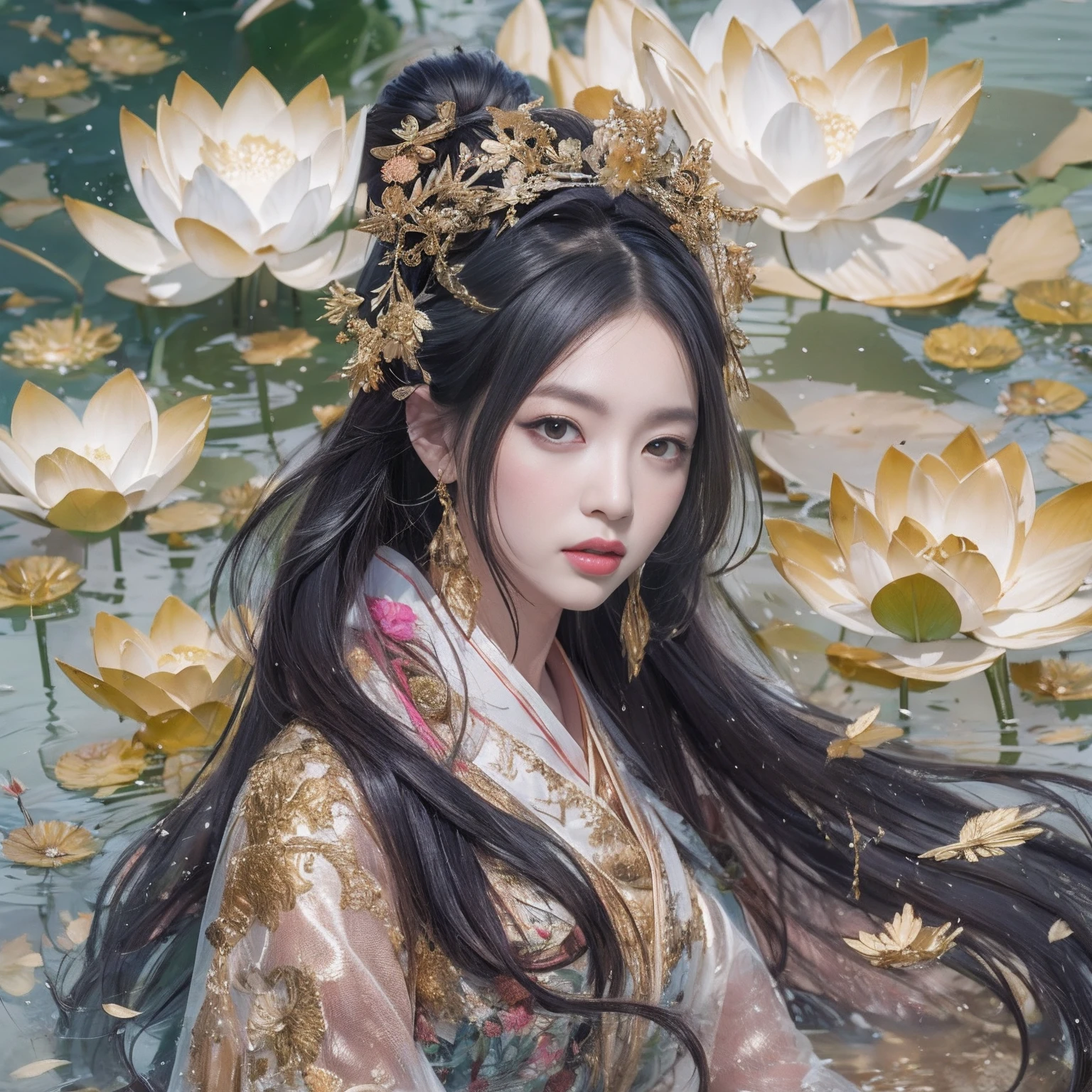 32K（tmasterpiece，k hd，hyper HD，32K）Long flowing black hair，standing in a pond，zydink， a color，  Xuzhou people （seductiv）， （Rinse women's bloodshot scarves），， looking at the ground， Maruko long hair，Leaking cleavage，Plump breasts Floating hair， Carp pattern headdress， Chinese long-sleeved gold silk armor， （Abstract gouache splash：1.2）， Pink petal background，Pink and white lotus flowers fly（realisticlying：1.4），Black color hair，Fallen leaves flutter，The background is pure， A high resolution， the detail， RAW photogr