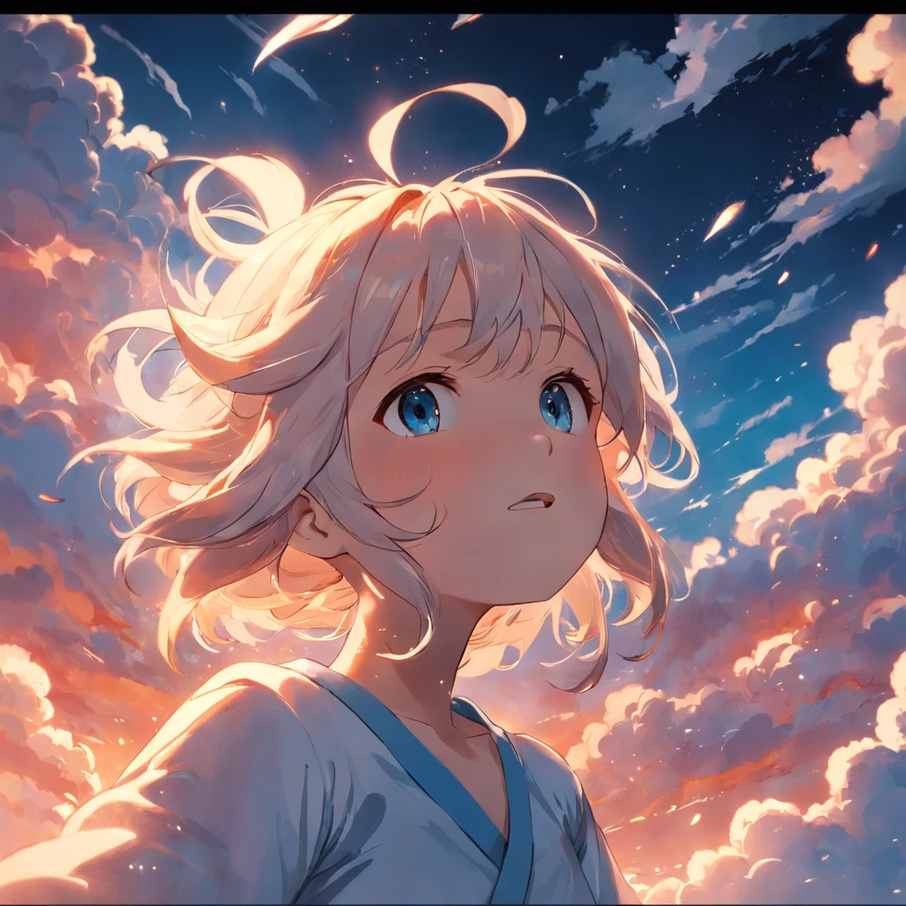 masterpiece, best quality, movie still, 1girl, cloud girl, floating in the sky, close-up, bright, happy, warm soft lighting, sunset, (sparks:0.7)