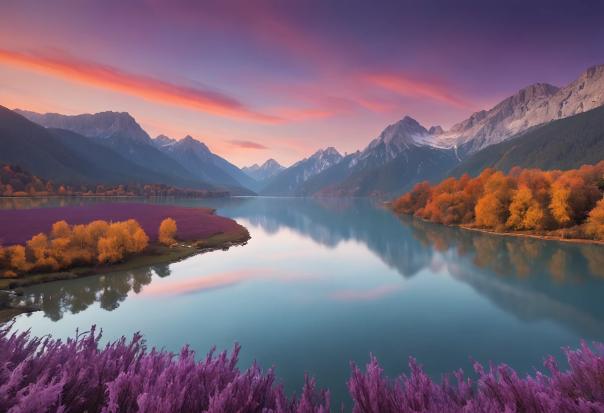 a purple landscape with mountains, trees and a river, in the style of serene seascapes, cartoon style, flat color style, vibrant illustrations, bright skies, calm river and sky, dark sky blue, orange and yellow