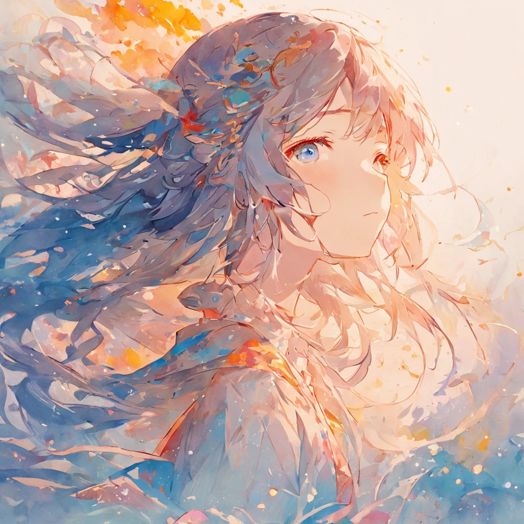 On White Background、The silhouette of a girl's head emerges。She has her eyes closed.、Colorful long hair makes you feel oriental elements。This image, painted using a blue watercolor touch, is、It incorporates techniques such as Chinese illustration and paper art.（Chinese Illustration：1.3，paper art：1.3, Quilted Paper Art：1.2）、Although it has a reasonable design、It has clear lines and high-edge features。In addition to that、The finest details create a stunning masterpiece、Brilliantly shining in 4K resolution by movie light effect。