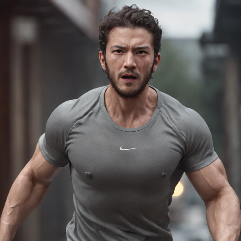 (professional 3d render:1.3) af (Realistic:1.3) The most beautiful artistic photo in the world,Running,Running,kinetic,((Short sleeve tracksuit top,sweat shorts)),Fast running action,Soft function, Bright male hero, ((Epic hero fantasy rough muscular man wet hero rage looks medium curly, Number of glasses, Intense expression of short beard and dynamic pose, Fantastic location, Majestic and cluttered environment)), Full body 8K unit rendering, action shot, skin pore, very dark lighting, heavy shading, A detailed, Detal Face, (vibration, Realistic photography, Realistic, Dramatic, darkly, foco nítido, 8K), (Old leather clothing damaged due to bad weather:1.4), ((((Use skins)))), (复杂:1.4), decadent, (highly detailed:1.4), digitial painting, rendering by octane, art stations, concept-art, Liso, foco nítido, illustration, From the germ of art, (loish:0.23), wlop ilya kuvshinov, e Greg Rutkowski e Alphonse Mucha Gracias, (global ilumination, studiolight, Light volume), very heavy rain, Floating particles, lotr, fanciful, biz, Inteiroesbian body, ((Dark and ancient city background:1.3)),CGSesocieda,art stations