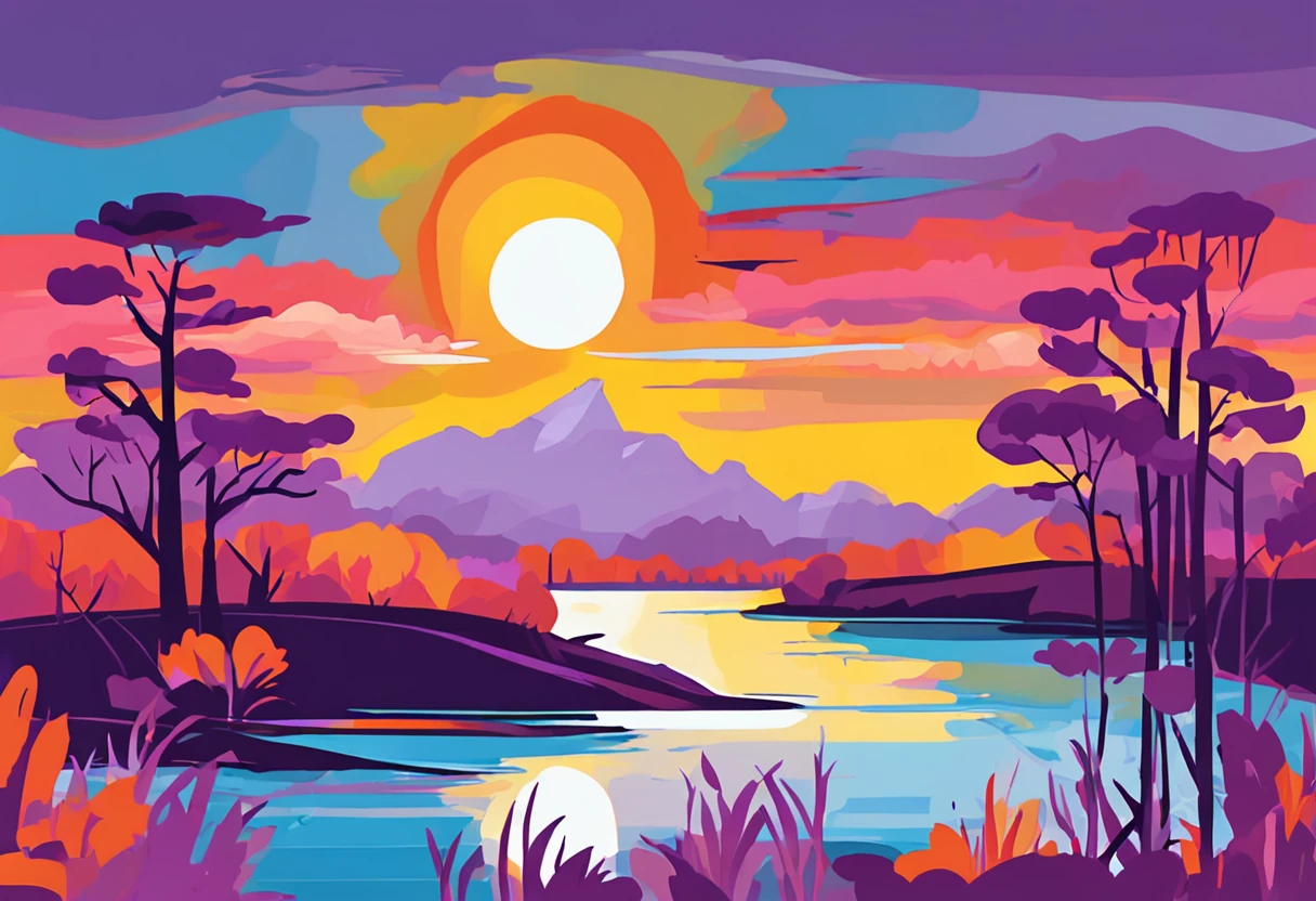 a purple landscape with mountains, trees and a river, in the style of serene seascapes, cartoon style, flat color style, vibrant illustrations, bright skies, calm river and sky, dark sky blue, orange and yellow