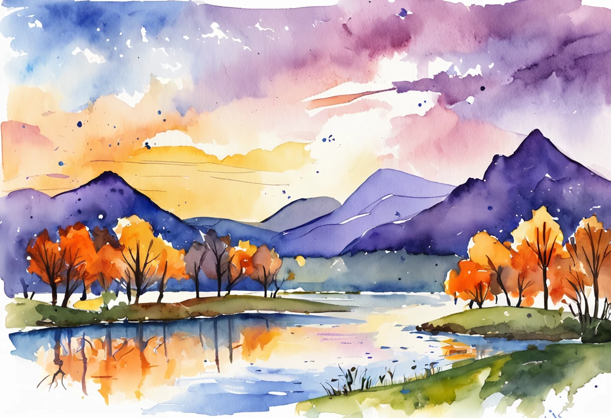 a purple landscape with mountains, trees and a river, in the style of serene seascapes, cartoon style, flat color style, vibrant illustrations, bright skies, calm river and sky, dark sky blue, orange and yellow