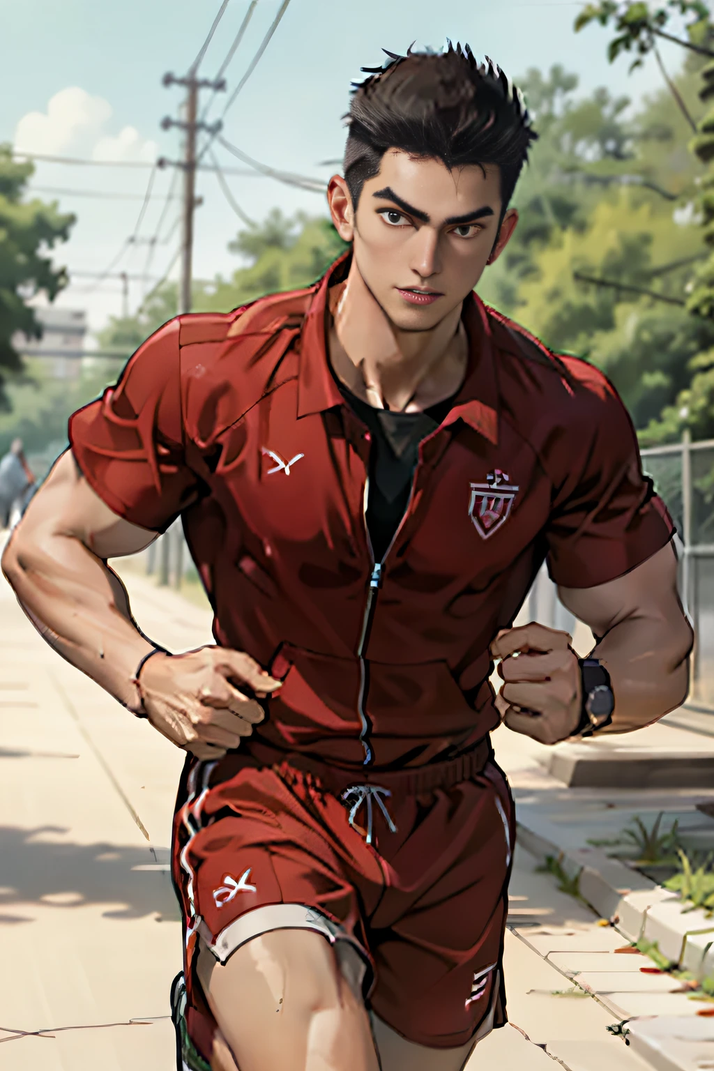 Masterpiece, Best quality, Running，Running，kinetic，Fast running action，face, Natural eyes, ((Short sleeve tracksuit top))。1人, Solo, full bodyesbian, Long legs, sweat shorts, Brave，Tattoo on the top of the pectoral muscle，musculous，mature, short detailed hair, Red eyes, Eight-pack abs, Sexy,(Masterpiece, Best quality), 1人, musculous, short detailed hair, with brown eye, 复杂, full bodyesbian, vivd colour,(depth of fields:1.2)，looking at viewert，running in the park，malefocus，muscle men，UHD resolution，Top quality