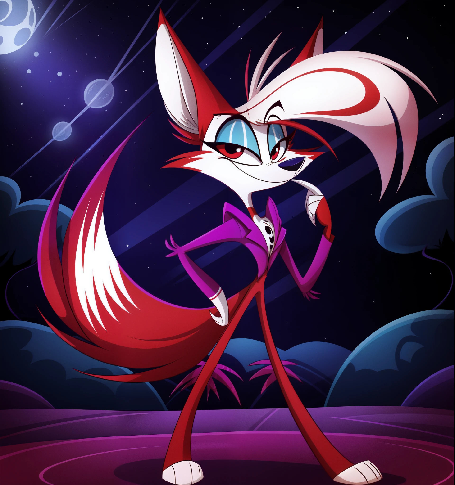 (Vivziepop style), , zoophobia, (by vivzmind), solo, canid, canine, prick ears, digitigrade, tail, no humans, furry, anthro, (best quality, masterpiece:1), detailed