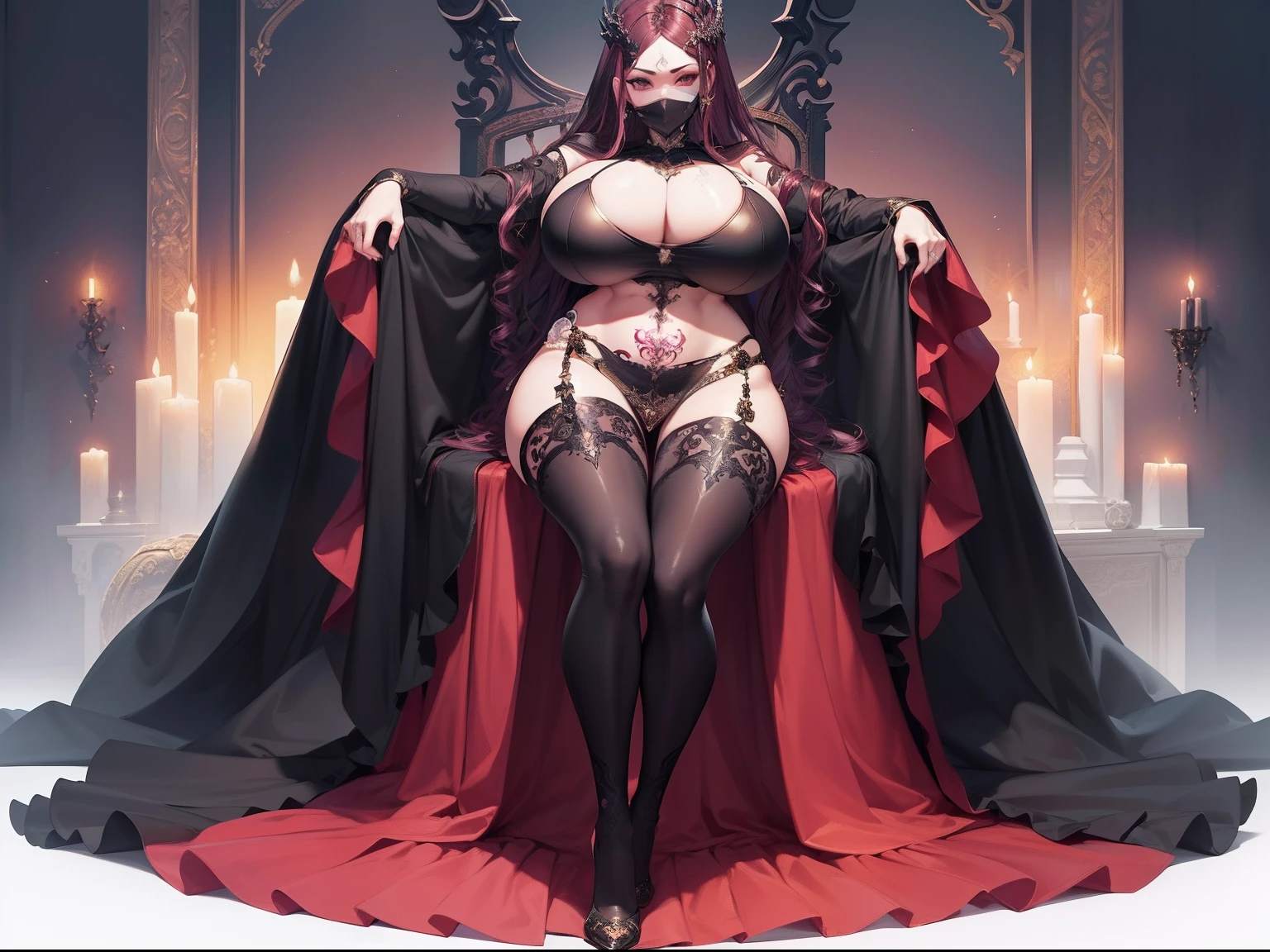 ultra - detailed, A high resolution, Beautiful Queen,(gothic clothing:1.1),1girll, Sit on a huge Gothic throne,with whole body visible, Full body photo, photore, Masterpieces, Top quality, scarlet background, (Beautiful black eyes, gorgeous pale pink curly hair, White skin, Slim abdomen, Perfect curvy body), a variety of poses, Ultra-detailed face, Detailed eyes, Open your legs,legs in M shape , (((no close-up)), (((Full body clothing))), ,(((huge boob))),(((gigantic hip))),(((Big breasts Thin waist))),(((Full body tattoo mask)))