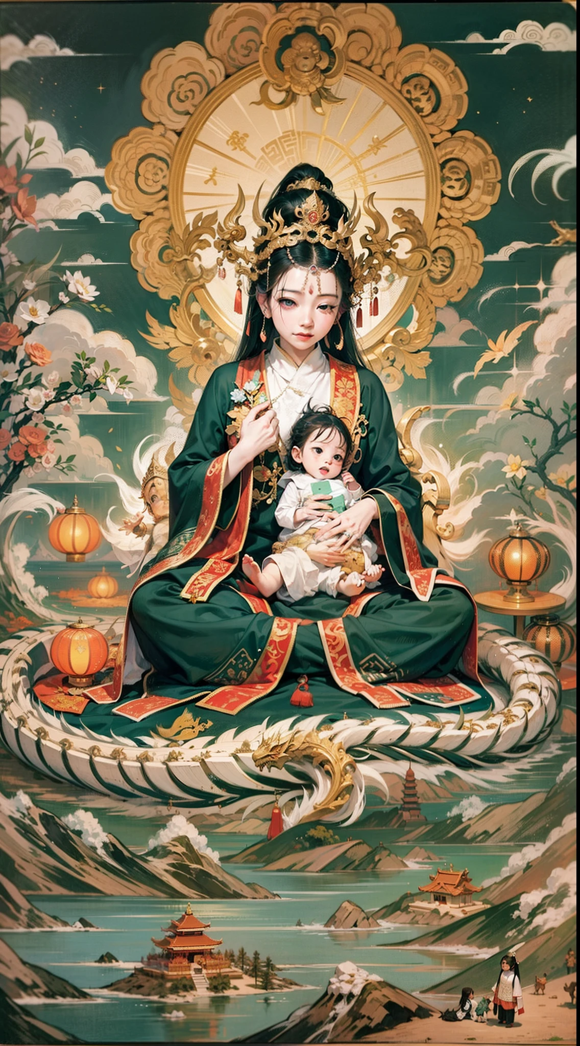 an ancient Chinese goddess, guanyin of the southern seas, Guanyin, Inspired by India, Avalokiteshvara rides a dragon，Holding a baby boy，baby, Little boy,（Black color hair），Crown on head，Send Zi Guanyin,Serene expression,shui mo hua,Buddha,Buddhist,Lotus,Chinese painting style,Thangka style