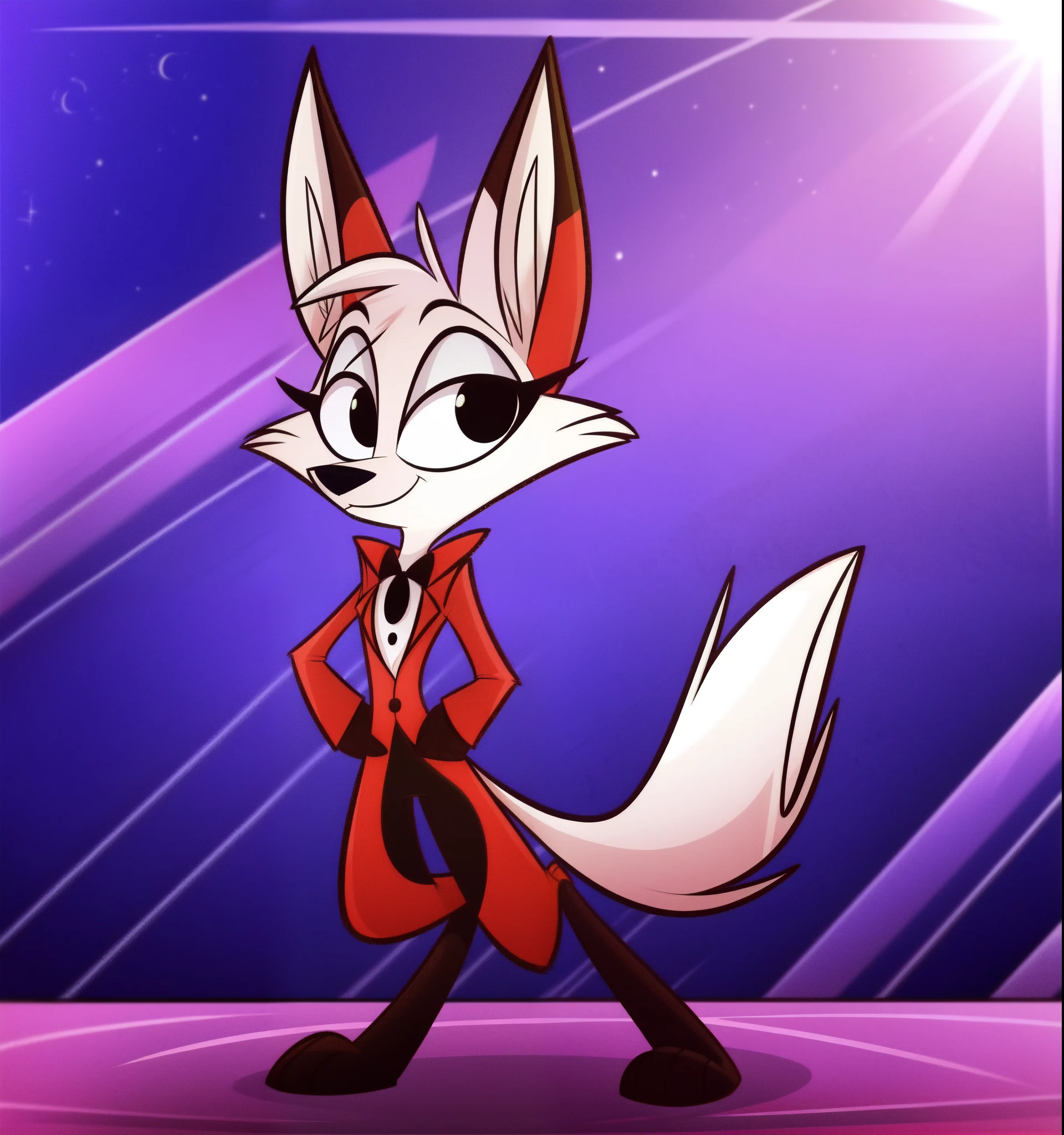 (Vivziepop style), , zoophobia, (by vivzmind), solo, canid, canine, prick ears, digitigrade, tail, no humans, furry, anthro, (best quality, masterpiece:1), detailed