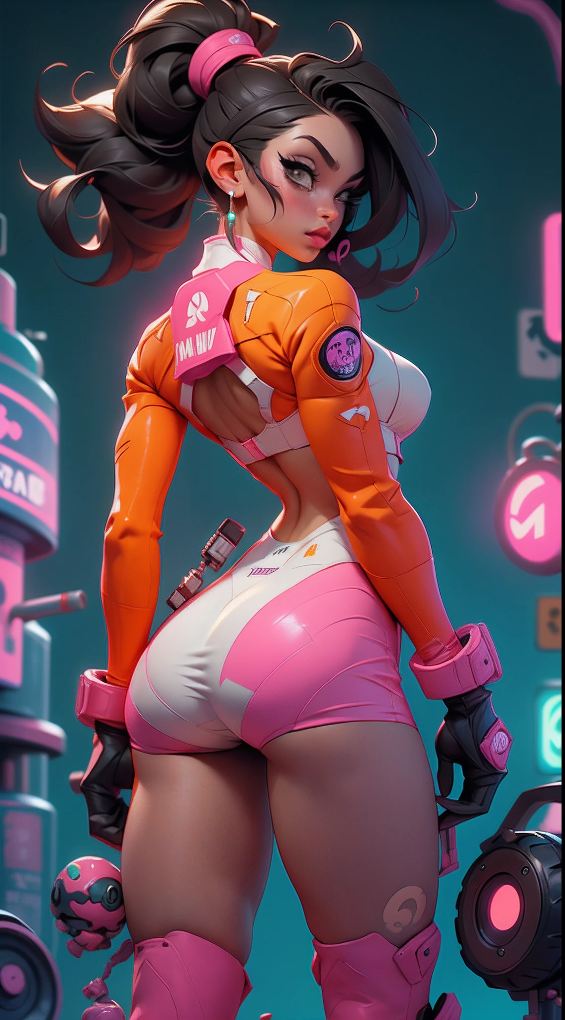 motor irreal:1.4,UHD,La mejor calidad:1.4, fotorrealista:1.4, textura de la piel:1.4, obra maestra:1.8,y pcalienteography ultra detallada, Juri Han,La chica bonita Juri Han de Street Fighter,posing from behind,Gimnasio cyberpunk, grande, guapa, neon light. lleva un (Orange Lingerie Socks Clothing),gimnasio, y un (Cuerda negra, white pattern :1.2) , ((beautiful and aesthetic)), sexy, senos grandes, caliente, pecho grande, Backward position, Gimnasio cyberpunk, gimnasio,,hermosas manos finas,