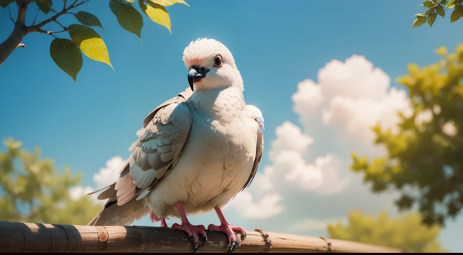 One hot day, Andy spotted a weary dove named Dottie perched on a branch, cartoon style,