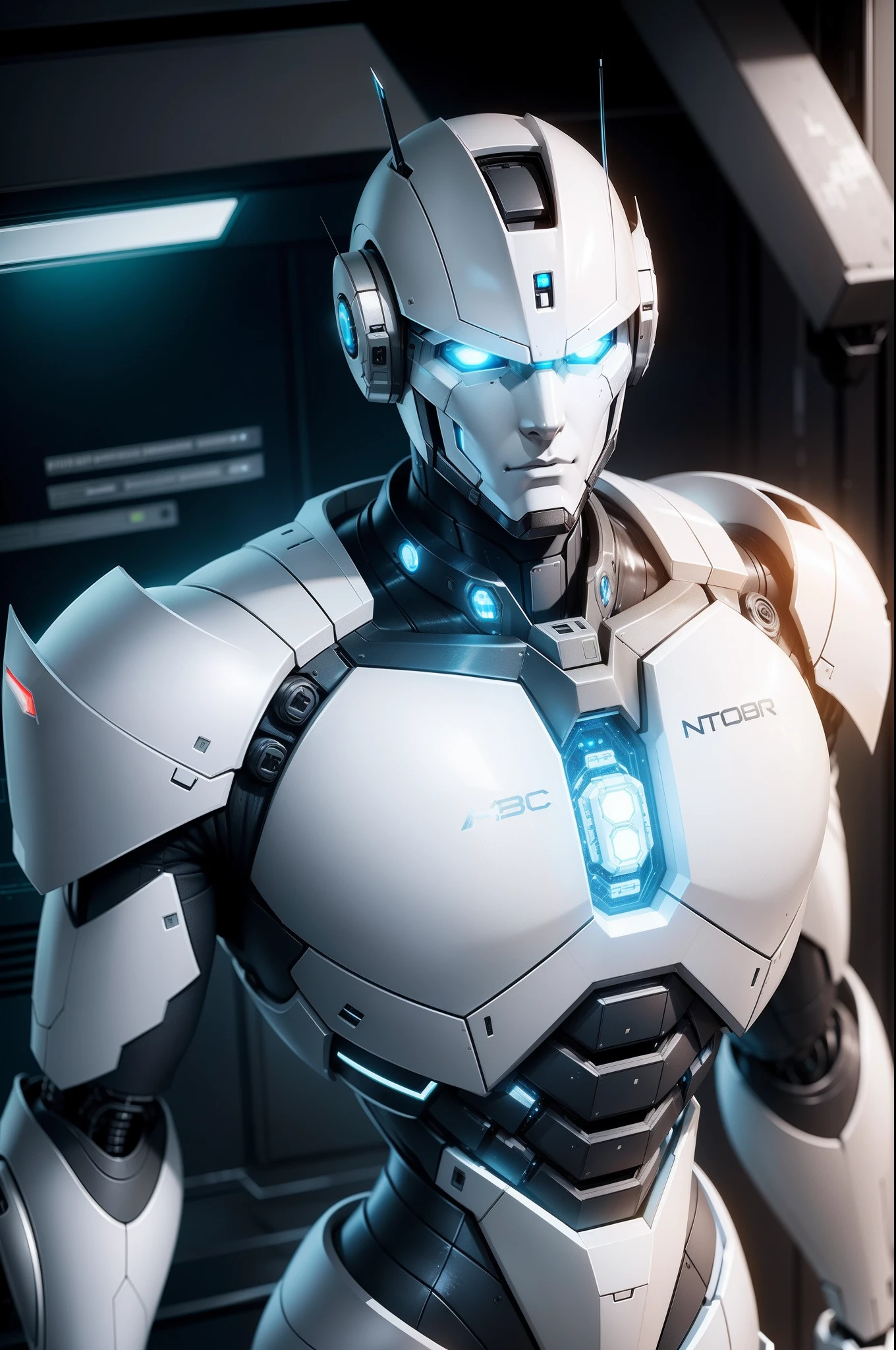 A handsome white cybernetic robot man in the Cybernetics lab
