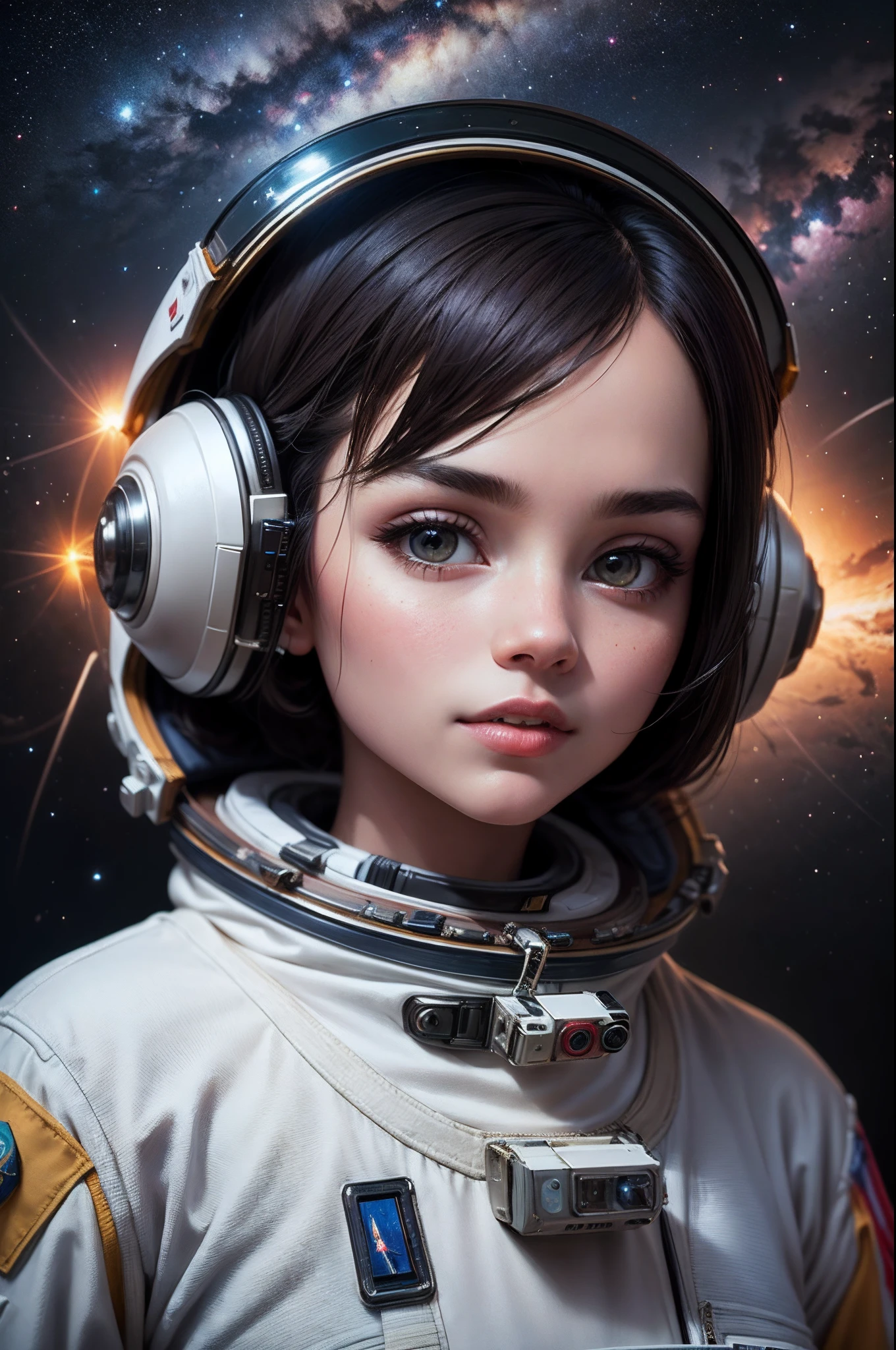 Beautiful girl, in space (wearing: astronaut suit), (background: milky way, star, space), beautiful scenery, (masterpiece:1.4), (vibrant:1.2), best quality, 8K resolution, intricate and highly detailed, 8K resolution, High quality, Highres