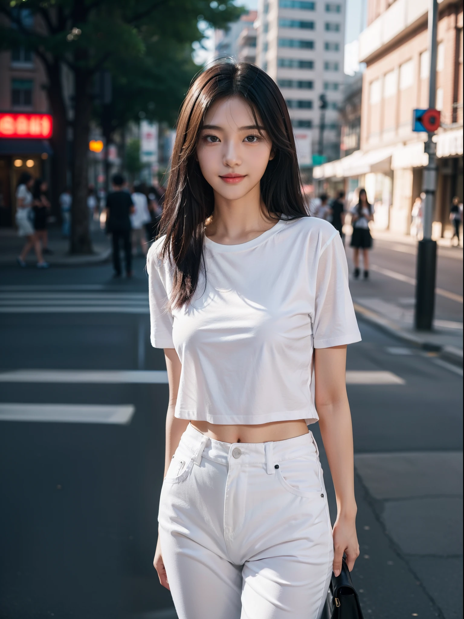 Standing on a street corner (((1 girl))) ((the whole body is visible)), she is a girl. Far from the viewer. She is beautiful, sexy and young like Korean idol Wonyoung . She is slender, tall and has good style. She has center-parted black hair with shiny smooth hair. She's grinning. She's looking straight at us. She wears a long white T-shirt and black skinny pants. Camera focused on her face, face light, very large aperture, ((f / 1.2)), shallow depth of field, strong background lens blur, ISO 3000, auto white balance, highly detailed professional lighting, soft light, raw photos, UNIQLO fashion models, top quality, masterpieces, award-winning photos, huge file size, 8K, high resolution, Shot with Sony DSLR