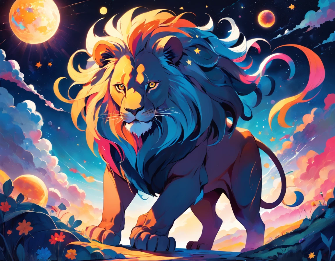 a lion with the sun, moon, planets and stars, in the style of bright colors, bold shapes, folk-inspired illustrations, bold chromaticity, ambiguous forms, toy-like proportions, sunprint, dignified poses