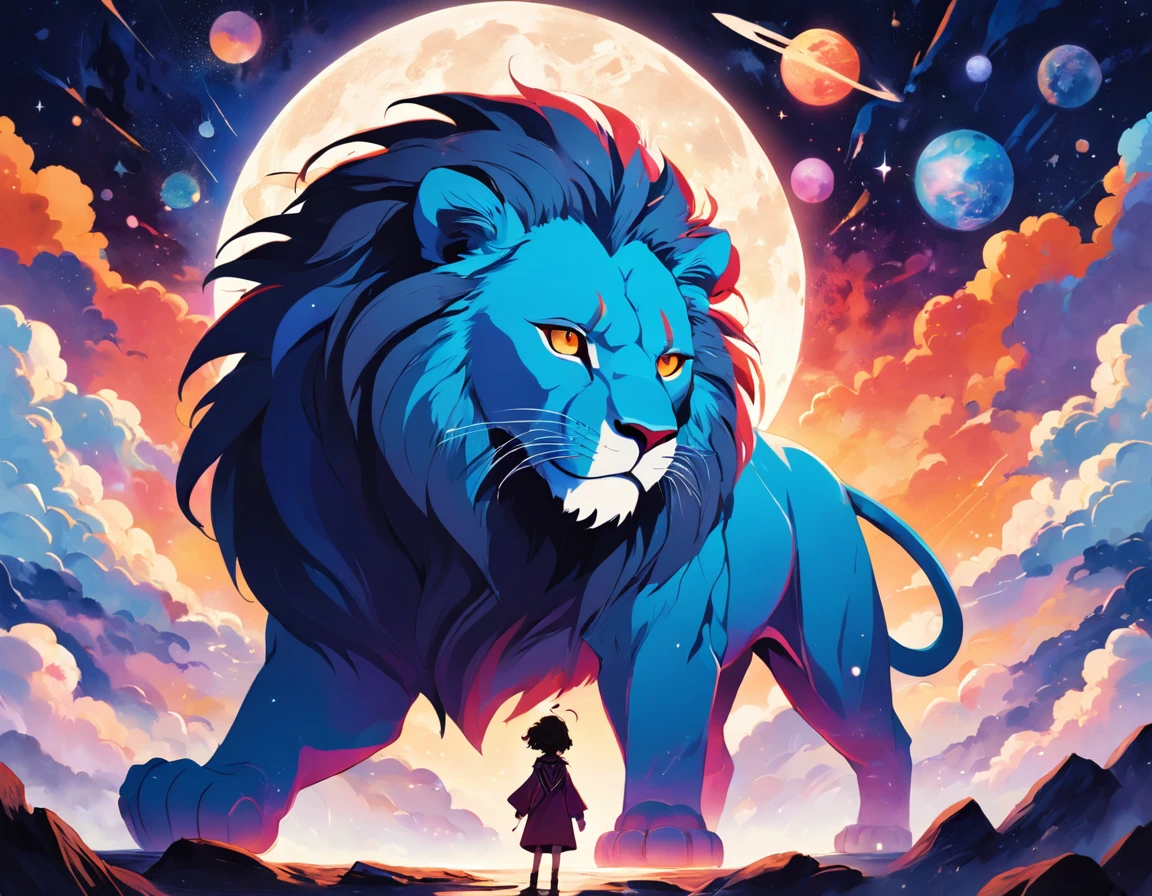 a lion with the sun, moon, planets and stars, in the style of bright colors, bold shapes, folk-inspired illustrations, bold chromaticity, ambiguous forms, toy-like proportions, sunprint, dignified poses
