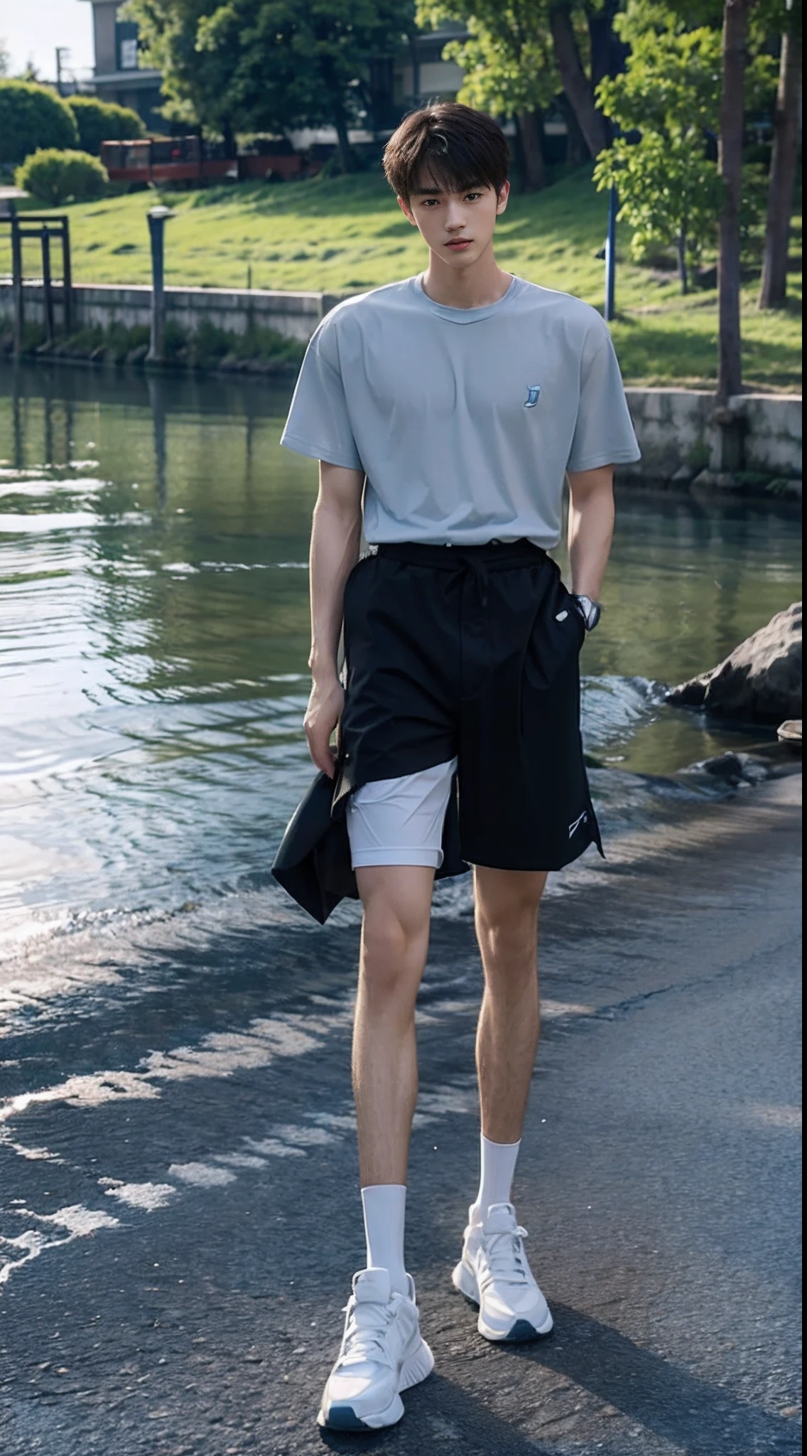 (A 15-year-old junior high school boy:2),Positive perspective,(malefocus),(Expose the whole body:2),Height 300 cm,der riese,Everything in front of me seems so small,(long and straight legs:2),Lower extremities shown,Expose shoes,Tall guy,Tall,Bodybuilding,Strong,Super tall,broad shoulder,Shota,Clear facial lines,J Delicate and perfect facial features,(The face of the animated male protagonist),Extremely handsome,tilts your head,Men's Special Operations Uniform,Short messy hair,Eyes widen,orthofacial,grievance,athletic sneakers。and the sun was shining brightly,By the small river,sittinng on the river,ultra-realistic realism, (Photorealistic detail), Incredible accuracy, lifelike textures, masterful technique, Jaw-dropping precision, artistic dedication,(anatomy correct:2),Good lighting,exquisite detailing,Best quality,stunning masterpiece,CG,(Colored screen)