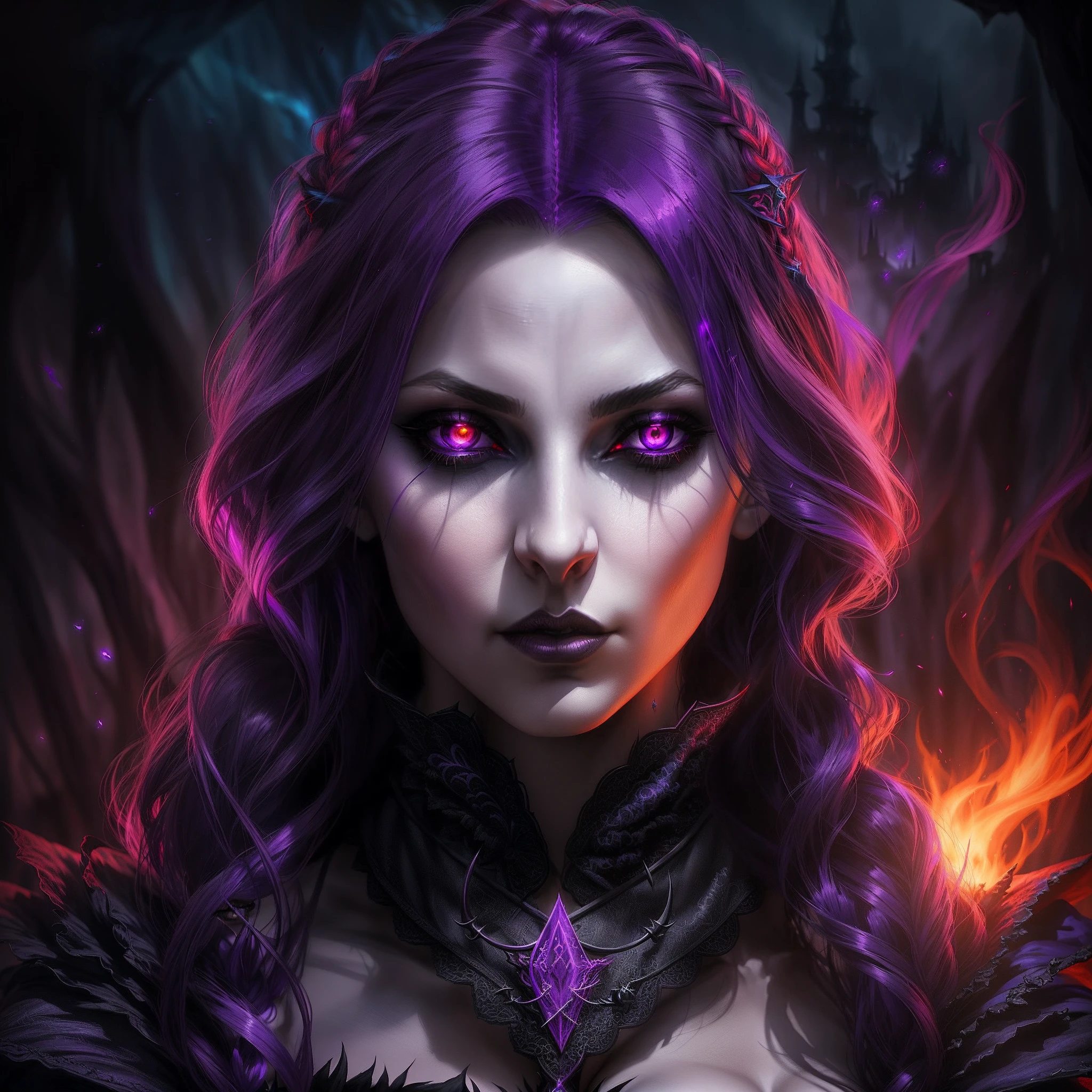 arafed woman with purple hair and red eyes in a dark room, portrait of a sorceress, fantasy concept art portrait, epic fantasy art portrait, portrait of a female elf warlock, evil sorceress, dark fantasy style art, dark fantasy portrait, diablo 4 lilith, epic fantasy digital art style, dark witch character, fantasy character portrait