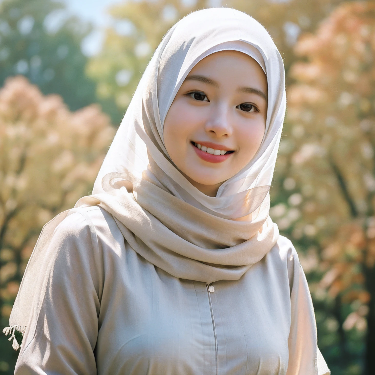 (RAW photo, best quality), (realistic, photo-realistic:1.3), 1 girl, solo girl, full body photo, extremely delicate and beautiful, Amazing, finely detail, masterpiece, ultra-detailed, highres,(best illustration), (best shadow),intricate,depth of filed, On a summer afternoon, a lovely red female muslim dress with tunic,white pashmina hijabs, hijab, In the golden hues of autumn, creating a soothing sound, shine eyes, immersing smile in harmony with nature, No hair seen,(blurry background:1.4), sharp focus, volumetric fog, 8k UHD, high quality, (film grain:1.4), apertur f/1.4,