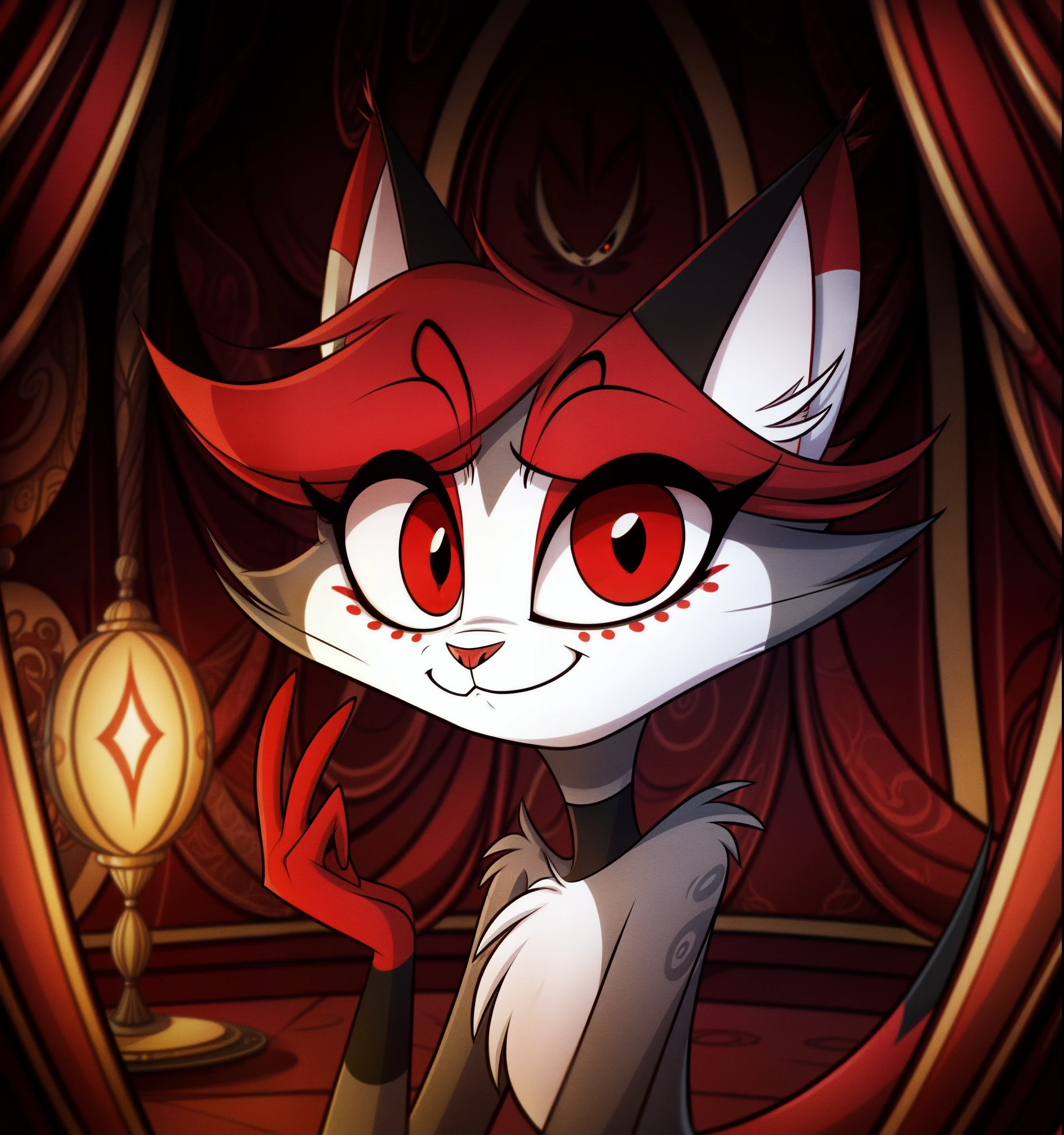 (Vivziepop style), , zoophobia, (by vivzmind), solo, feline, cat, felid, grey fur, red eyes, by vivzmind, (best quality, masterpiece:1), detailed, no humans, furry, anthro