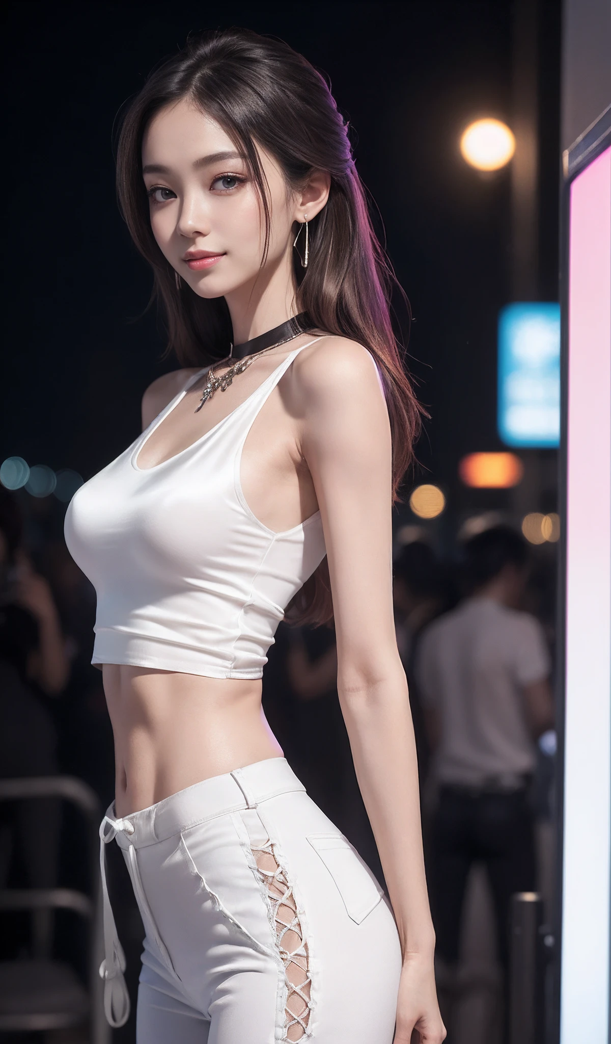 8K, Masterpiece, RAW photo, Best quality, Photorealistic, Extremely detailed Cg Unity 8K wallpaper, Depth of field, Cinematic light, Lens flare, Ray tracing, (Extremely beautiful face, Beautiful lips, Beautiful eyes), intricate detail face, ((ultra detailed skin)) 1girll, In the dark, deepshadow, Pretty Korean girl, Kpop idol, 1 girl, (Very slim and slender muscular body:1.3), ((view the viewer)),(Big smile:1.3), (Tight lace-up blouse), (Pink shirt), (Sleeveless) , (Fashion night, Dark night, (neon lights sign), (Blurred background), Fashion Street Night),(No one is in the background:1.3), Beautiful earrings, bangle, necklace, Pantyhose, Clear eyes, (Pale skin), (Big eyes), Face forward, ((upperbody shots)), ((Silk white pants:1.3)),(brown hairs),((Skinny silk pants)), (view the viewer:1.3) open breast, Very slim, Medium breasts, Turn Back, Back shot, , underwear