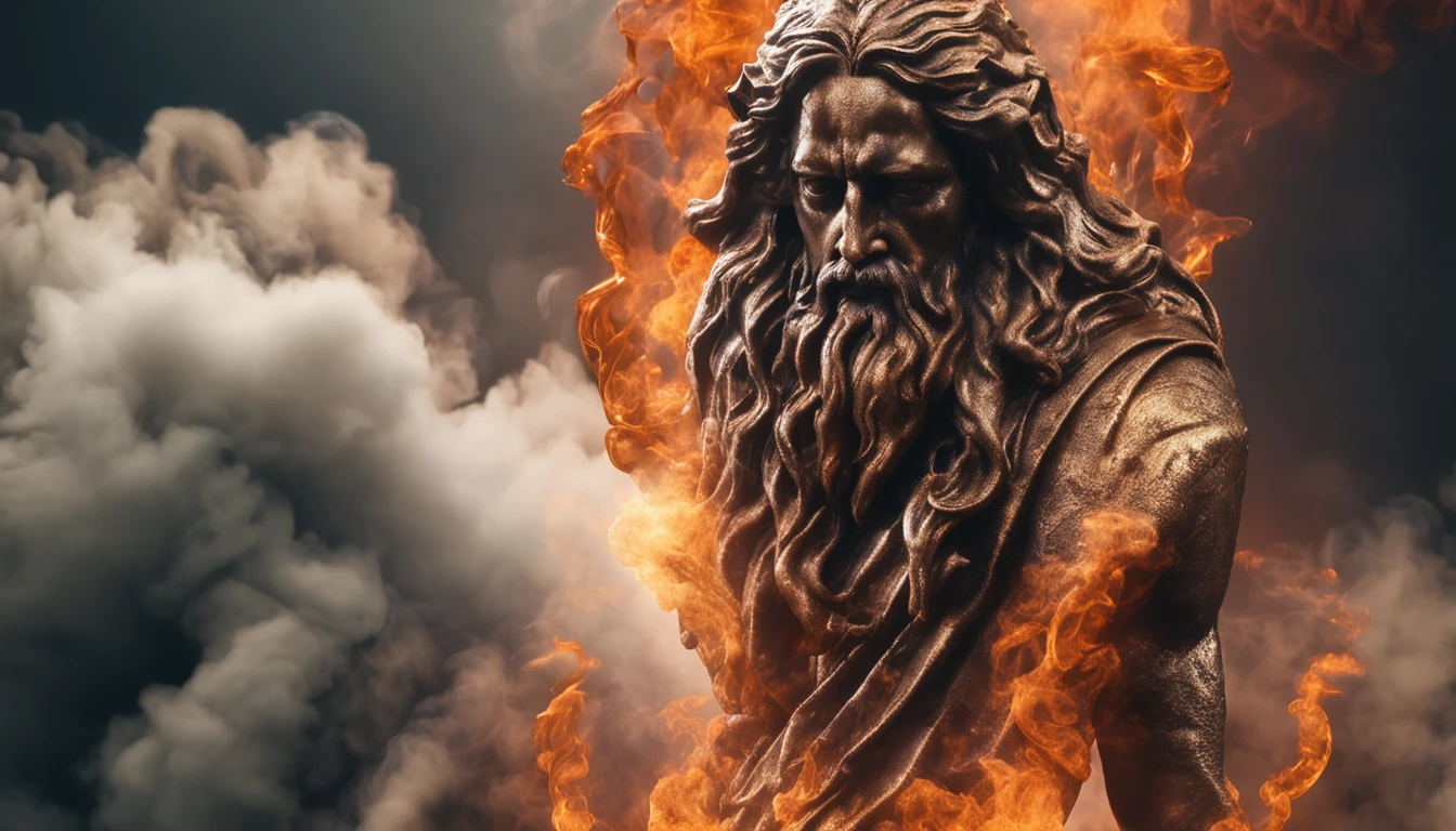 stoic greek statue, ((full body)), like gods Hercules, texture like shiny shiny metal mirrored brown color, 8k, cinematography, epic light and shadow image background colorful smoke.