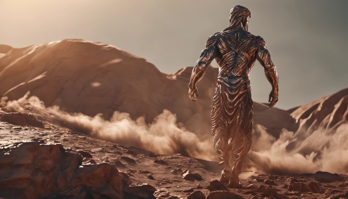 stoic greek statue, ((full body)), like gods Hercules, texture like shiny shiny metal mirrored brown color, 8k, cinematography, epic light and shadow image background colorful smoke.
