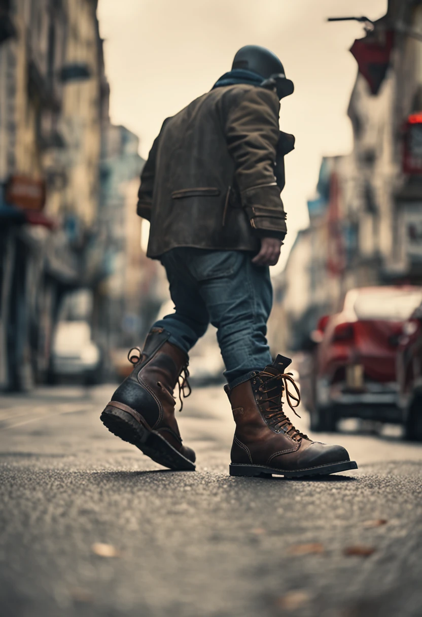 Close-up of a motorcyclist in steel toe work boots riding his stylish motorcycle on the road, True high quality 4K 16:9 Photos