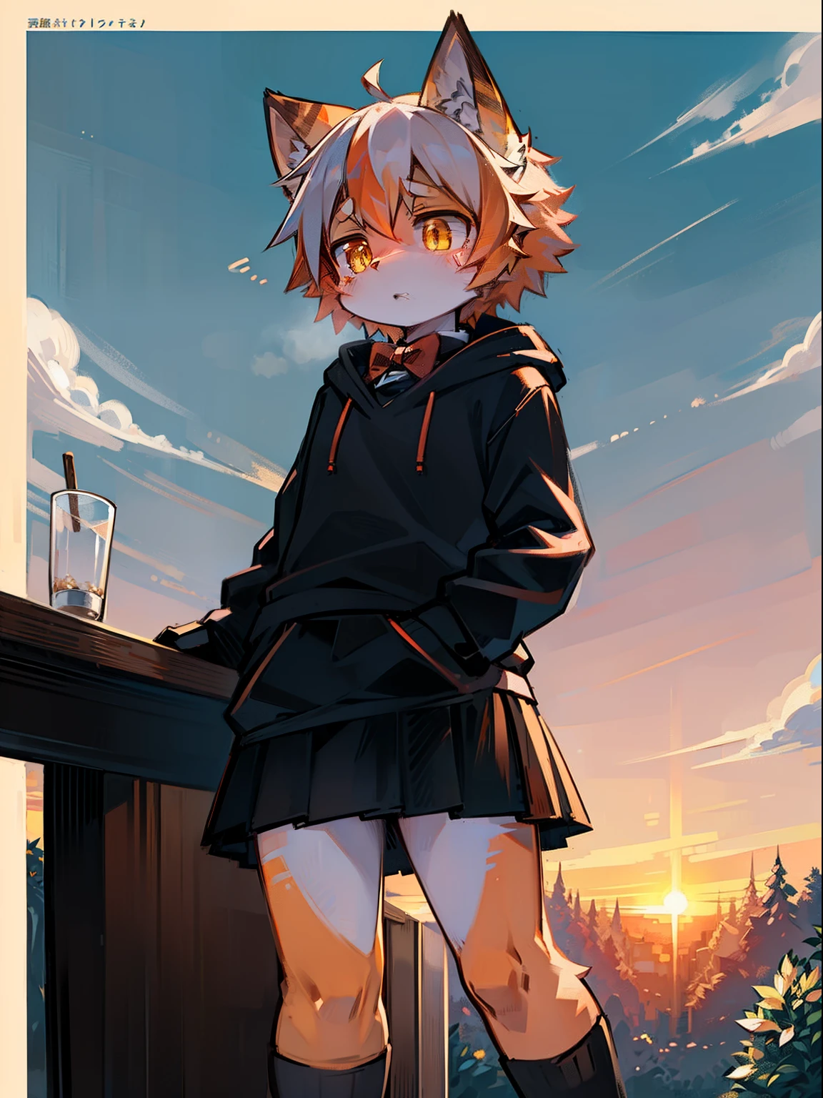 solo, kemono, femboy, orange and white hair, yellow eyes, wear black hoodie, wear black skirt, wear red bow tie, confused reaction, standing on cafe, green meadow background, sunset time
