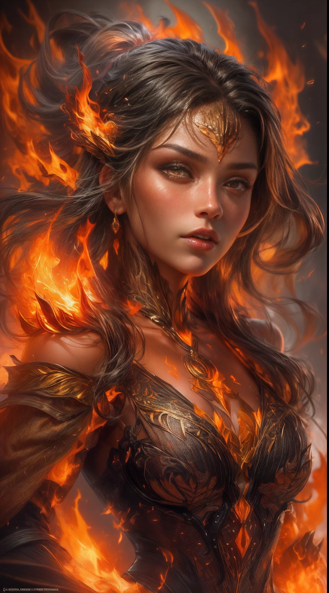 This (realistic fantasy) art contains embers, real flames, real heat, and realistic fire. Generate a masterpiece artwork of a petite female fire druid with large (((orange and gold))) eyes. The fire druid is awe-inspiring with beautiful ((realistic fiery eyes)) alight with confidence and power. Her features are elegant and well defined, with ((soft)) and (((puffy))) and (((smooth))) lips, elven bone structure, and realistic shading. Her eyes are important and should be the focal point of this artwork, with ((extremely realistic details, macro details, and shimmer.)) She is wearing a billowing and glittering gown ((made of realistic flames)) and jewels that glimmer in the fire light. Wisps of fire and smoke line the intricate bodice of the dress. Include bumps, stones, fiery iridescence, glowing embers, silk and satin and leather, an interesting background, and heavy fantasy elements. Camera: Utilize dynamic composition techniques to enhance the realistic flames.