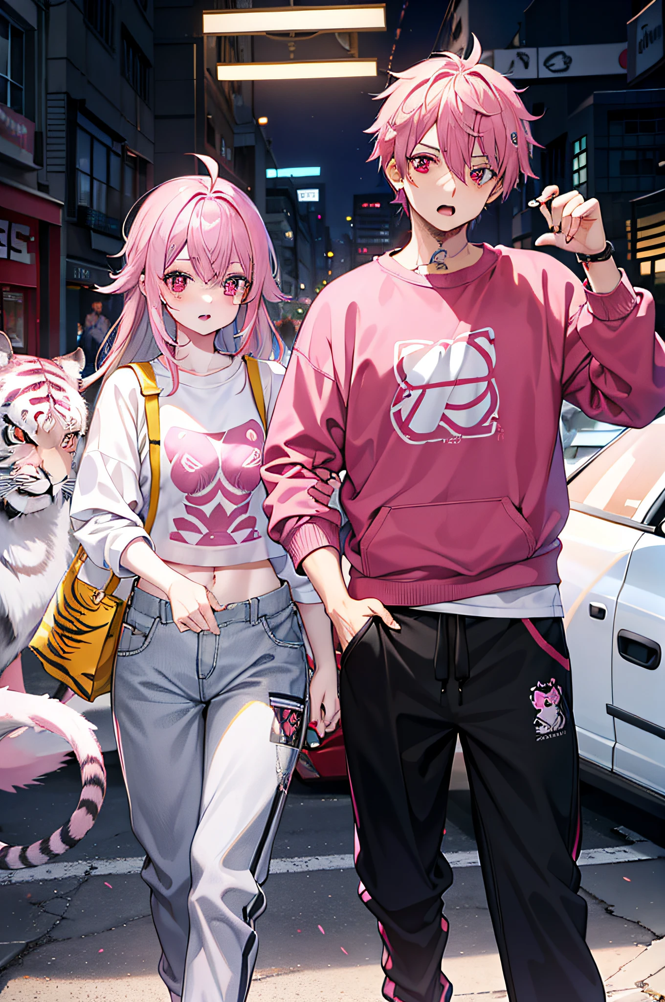 A pink-haired,mtu,Pink sweatshirt,Gray trousers,耳Nipple Ring,Red eyes,Tiger Tooth