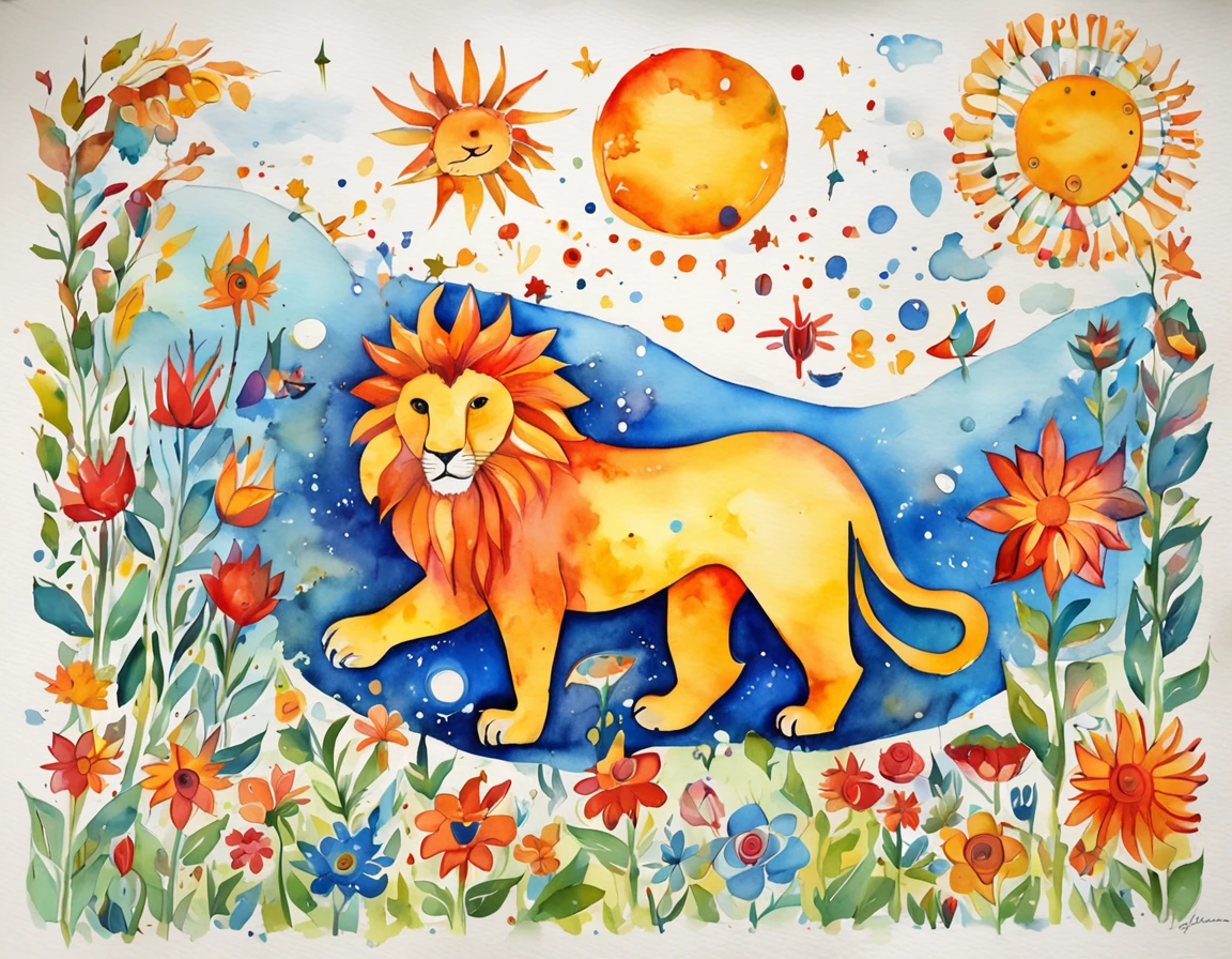 a lion with the sun, moon, planets and stars, in the style of bright colors, bold shapes, folk-inspired illustrations, bold chromaticity, ambiguous forms, toy-like proportions, sunprint, dignified poses
