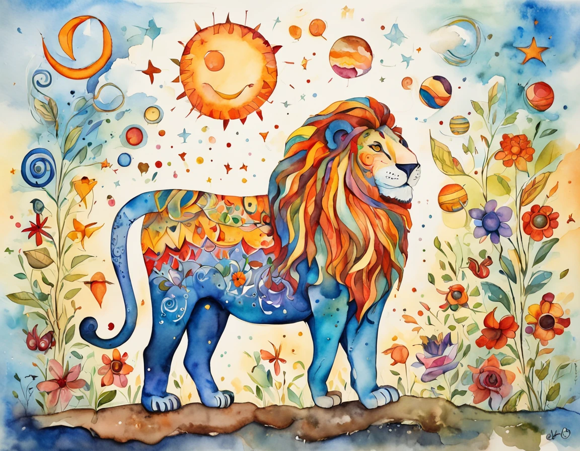 a lion with the sun, moon, planets and stars, in the style of bright colors, bold shapes, folk-inspired illustrations, bold chromaticity, ambiguous forms, toy-like proportions, sunprint, dignified poses