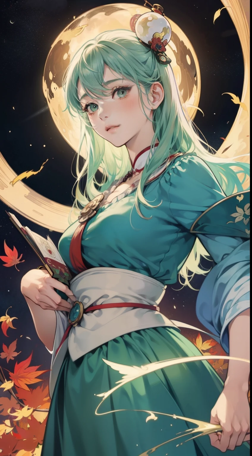 Ukiyo-e style, Kate Greenaway, Margaret Tarrant, animesque　surreal　fanciful　wondrous　strange　Whimsical　Sci-Fi Fantasy　Rotating Celestial Globe Girl　Alchemy Library　The Secret of the Creation of Heaven and Earth　autumn leaves The Moon Is Full Solo girl breass, tight drsss sweet innocent sexy beautiful face, hyperdetailed high resolution masterpiece
