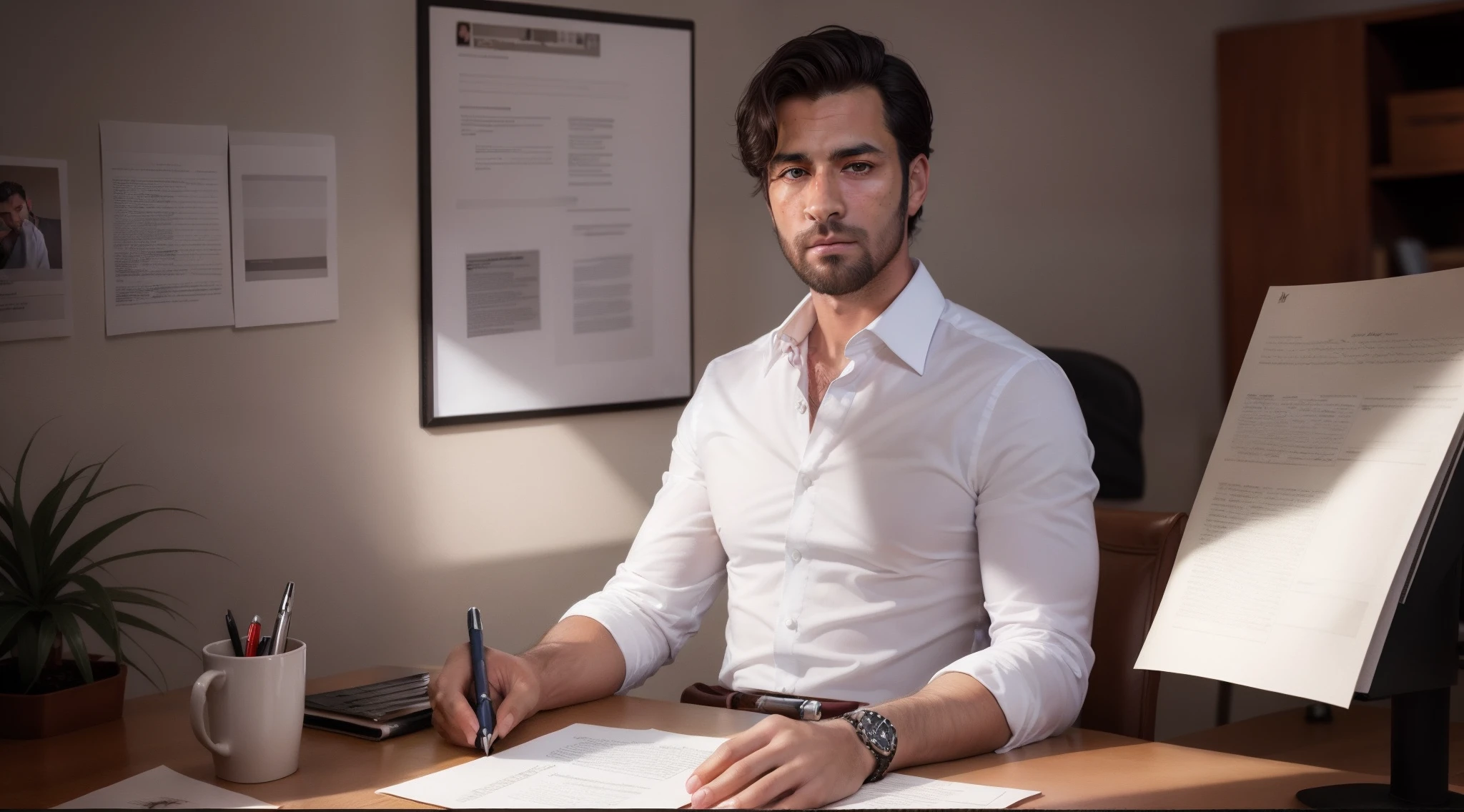 there is a man sitting at a desk with a pen and paper, sitting at his desk, well lit professional photo, handsome male, handsome man, attractive man, attractive male, sitting at desk, sitting at a desk, handsome and attractive, editorial photograph, portrait shot, detailed professional photo, high res, professional portrait, amazing professional picture, serious look, handsome and elegant, arafed man with a beard and a black shirt looking at the camera, beautiful male face, handsome attractive face, young man with beautiful face, masculine face, attractive male, perfect handsome face, handsome detailed face, square masculine facial features, male face, handsome male, handsome young man face, attractive man