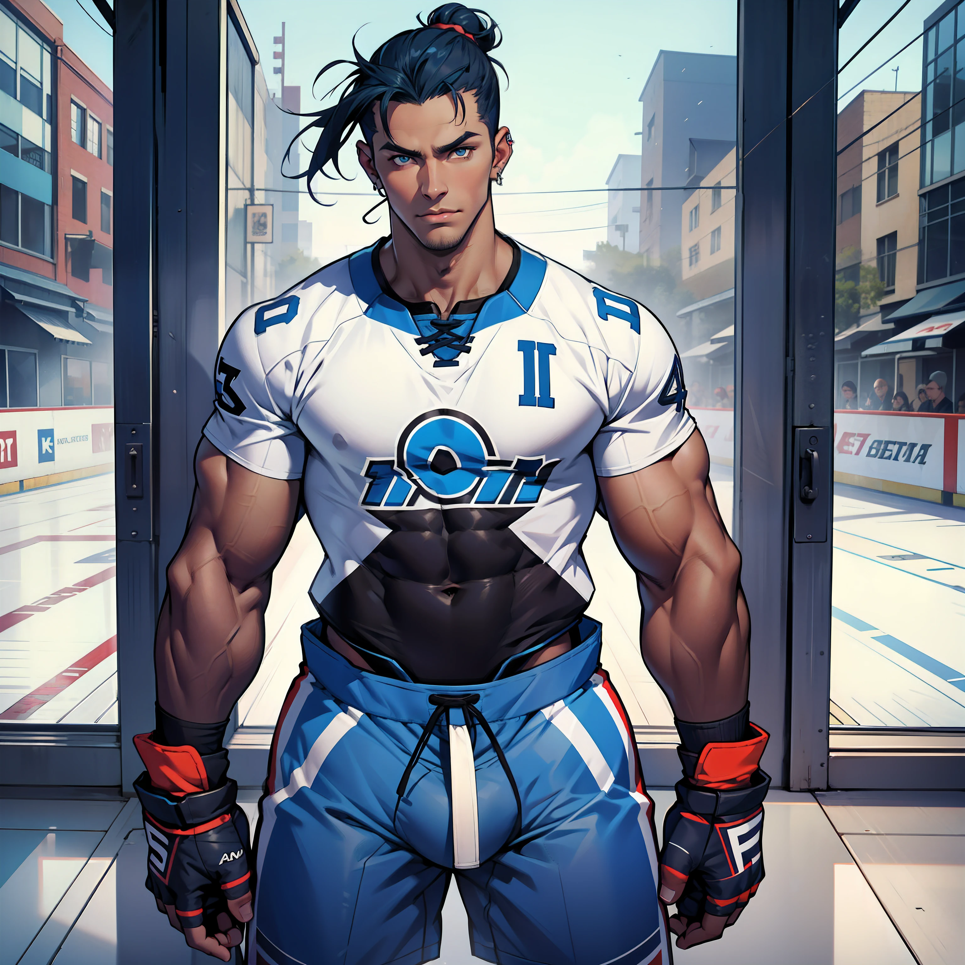 I stand at about 5'11", broad shoulders, toned abs, thick thighs... sorry, did I mention I do hockey? I'm pretty good at that too. Anyway, I look pretty much how you'd expect a hockey player to look. Olive skin, long dark blue hair, and striking blue eyes. I usually try to dress somewhat conservatively, but it's hard to hide the goods, you know. handsome male, big bulge in pants, dark skin, piercings, hair in man bun