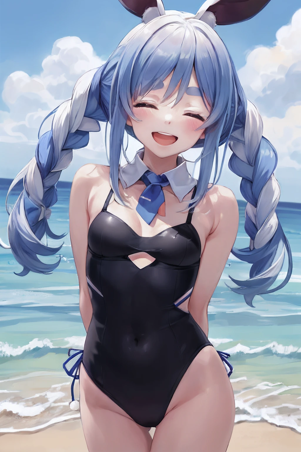 2D,​masterpiece, top-quality, Ultra-detailed,Small breasts,1girl in,Smile, arms behind back,Mare,slender,Closed eyes,Open mouth,swim wears,the beach