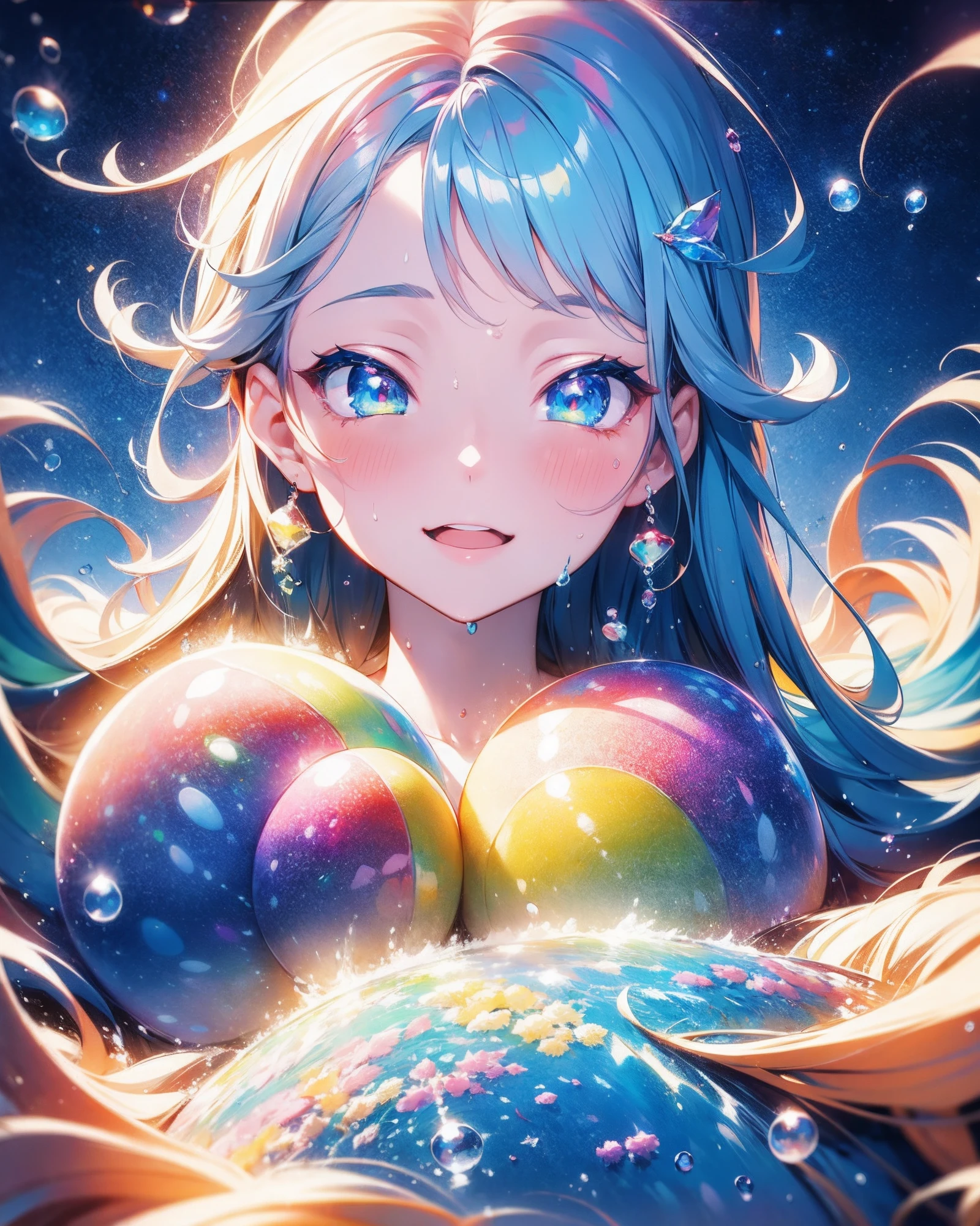 a Girl, laughing, Colorful colors, surrounded by water bubbles, in the style of Kawacy, Masterpiece, Oil painting drawn in anime style, head close - up, exaggerated perspective, Tyndall effect, water drops, mother - of - pearl iridescence, Holographic white,