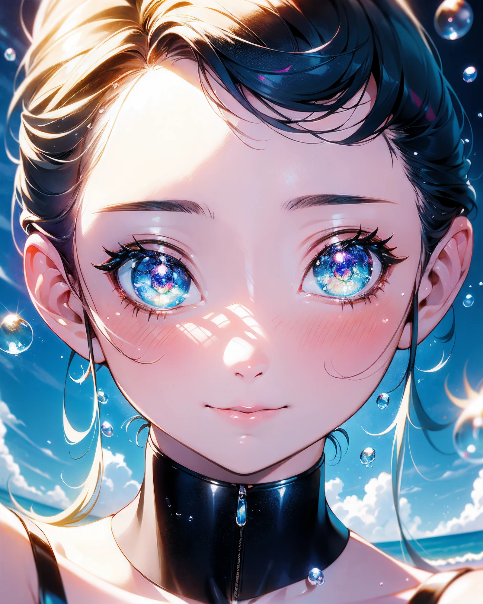 a Girl, laughing, Colorful colors, surrounded by water bubbles, in the style of Kawacy, Masterpiece, Oil painting drawn in anime style, head close - up, exaggerated perspective, Tyndall effect, water drops, mother - of - pearl iridescence, Holographic white,