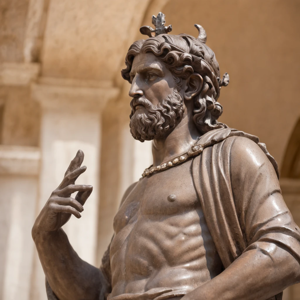 stoic greek statue, ((full body)), like gods Hercules, texture like shiny shiny metal mirrored brown color, 8k, cinematography, epic light and shadow image background colorful smoke.
