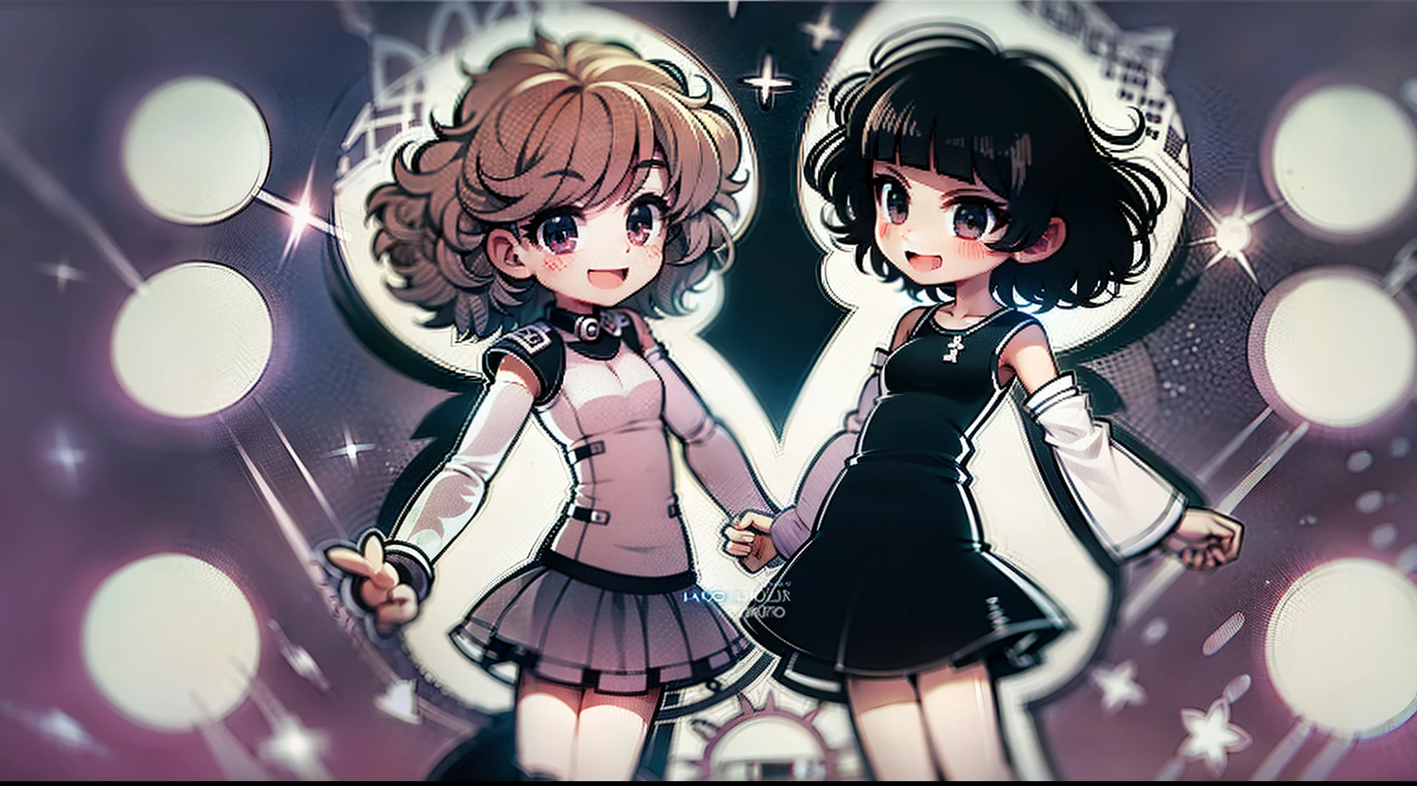 Duas adolescentes melhores amigas, One is a brunette with short, curly afro-style hair, a outra tem longos cabelos negros, they're smiling, looking-into-camera, imagem mostrando o corpo inteiro, the strokes are anime-style, mais especificamente chibi girls, sem cores, black and white manga style.