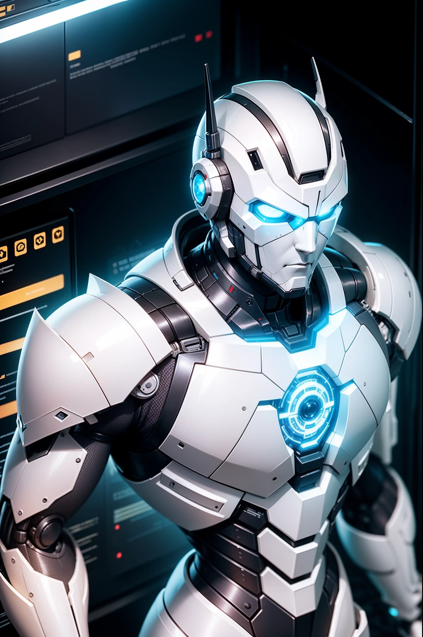 A handsome white cybernetic robot man in the Cybernetics lab