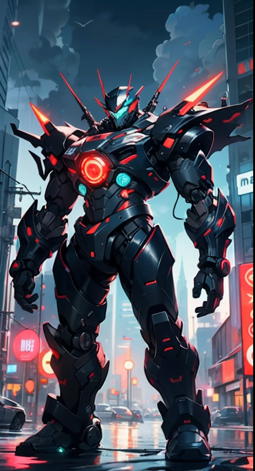 Imposing black plastic metal android robot,three meters tall and with a minimalist design that highlights its marked metallic musculature. His head is smooth and adorned with RGB lights that highlight his uniqueness and futurism.
He carries a metal backpack on his back that contains drones,turrets,and firearms. The backpack has spidery legs that allow it to move quickly.
Although most of his body is a deep,glossy black,there are orange,purple,and blue details that highlight his striking,futuristic design. It is undoubtedly an impressive creation that does not go unnoticed.
(((muscular))),hypermuscle, hyper muscles,carbon robot,humanoid robot, robot, robot joints, joints, helmet, armor, head-mounted display,
(dynamic pose:1.0),solo focus,(centered,scale to fit dimensions,Rule of thirds),
cyberpunk city by the ocean at night, with bright neon signs and dark stormy clouds and puddles,
High resolution, sharp focus, (ultra detailed, extremely detailed), (photorealistic artwork:1.37), 8k wallpaper,((synthwave background theme)),((vibrant colors)),(intricate),masterpiece,(best quality),