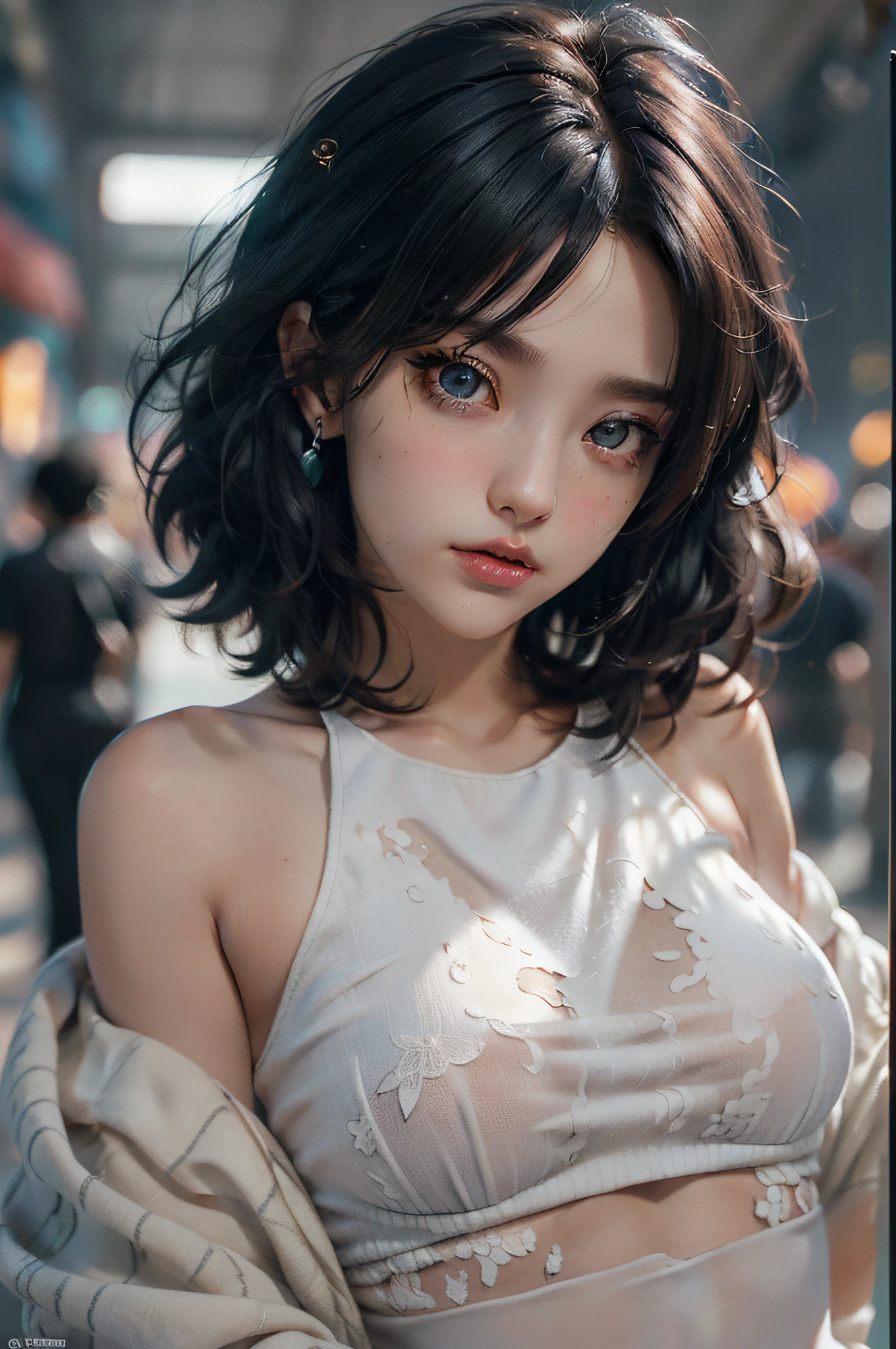 girl spacepunk,(((1girll))),((extremely cute and beautiful black curly-haired anime girl walking down the street)),

(short breasts:1.4),(((Black curly hair:1.35,Very curly hair,Colored inner hair,Ear breathing))), ((Brown eyes:1.3,Upturned eyes:1.3,Perfect eyes,Beautiful detailed eyes, rainbow glows ultra-detailed deep gold brown eyes:1.1,Gradient eyes:1, fine detailed beautiful eyes:1,Symmetrical eyes:1,big highlight on eyes:1.2)),((Fat)), (((Glossy glossy skin:1.5, Bright Skin: 1.5,dark tanned skin,Shiny skin,very shiny skin,shining body,plastic glitter skin,exaggerated shiny skin))),delicate detailed fingers,Detailed body,detailed arms, human hand,Detailed hands,), 

Cute,

(grey shirt，Orange squid print, blue denim pants),(detailed outfits, Detailed clothes), 

(Dynamic pose:1.0), solofocus, Embarrassed, Centered, scale to fit the dimensions, Rule of thirds,

Outdoors, (Cyberpunk background: 1.5, Detailed background:1.25),

(isometry: 1.0), Doubleexposure, (Masterpiece, Best quality:1.3), (A high resolution:1.5), absurderes, Ultra detailed, Cinematic light, Realistic, Ultra-realistic, High contrast, is very beautiful, Vibrant colors,  (Intricate), hdr (HighDynamicRange),Ray tracing,NVIDIA RTX,Hyper-Resolution,Unreal 5,Subsurface dispersion, PBR Texture, Post-processing, Anisotropic filtering, Depth of field, Maximum clarity and sharpness, Many-Layer Textures, Albedo and specular maps, Surface Coloring, Accurate simulation of light-material interaction, rendering by octane, Two-tone lighting, Wide aperture, Low ISO, White balance, 8K raw data, Saturation boost,
