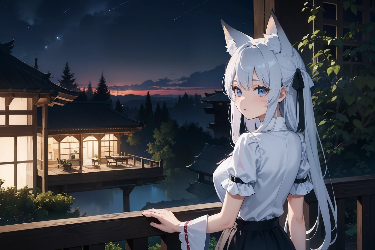 Lori、ars 、Height 149cm、Enigmatic sister、Best Quality、Show from head to waist、White blouse and black long skirt、a babynded face、Short stature、large full breasts、shiny long silver hair、Large ribbon、light blue eyes、kawaii、((Fox ears))、Fox tail、mystic atmosphere、winter night、Sit on the veranda and look at the garden、Composition from behind、Beauty in return