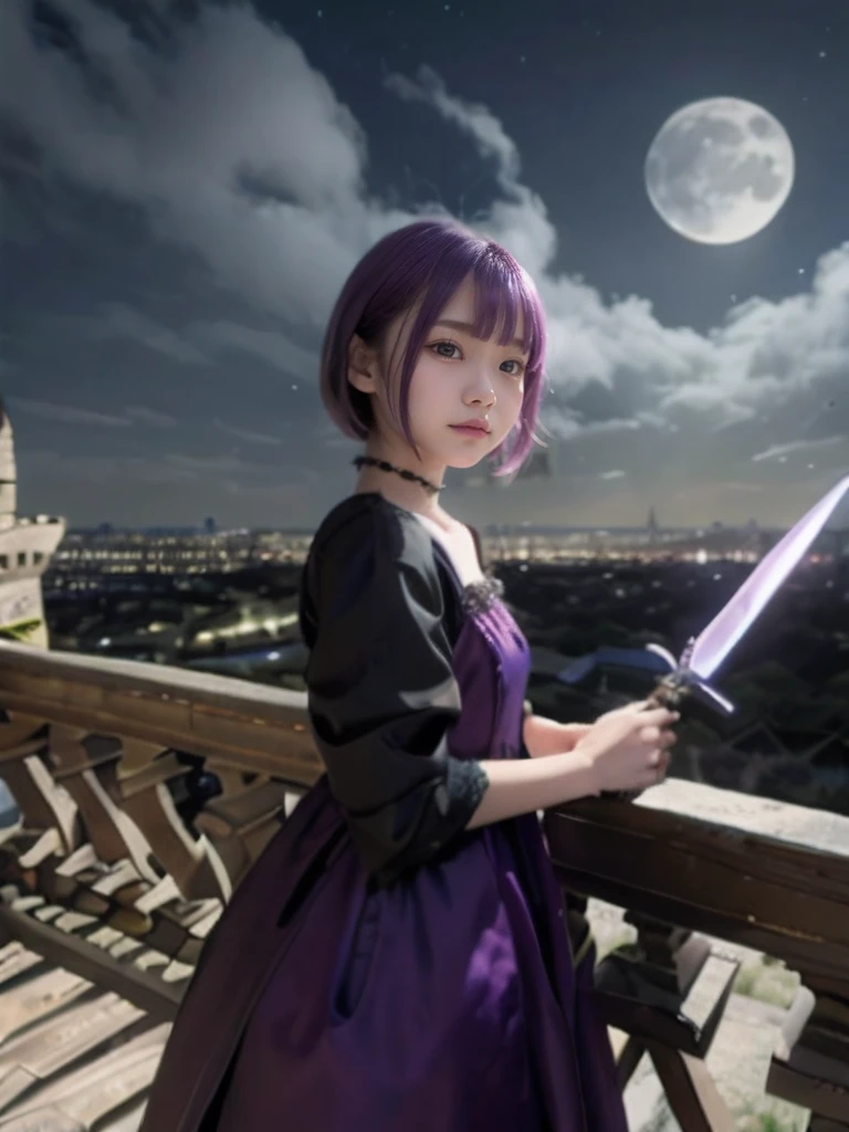 8K、detaileds、A detailed face、14 years old girl、kawaii、short in stature、Young Face、Inappropriate smile、purple color hair、Dress style clothes、Holding a dagger in your hand、Castles、a dark night、Moonlight shines、2.5 dimensions、Anime style