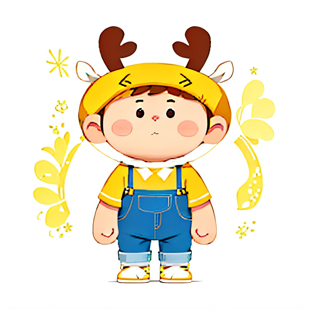 Add details,A high resolution,Full body like,A cartoon character of a boy dressed in a reindeer costume, 1boys, cute character, short antlers, with antlers, 2D, denim pant,Yellow T-shirt,com mascot, full body mascot, with a pure white background