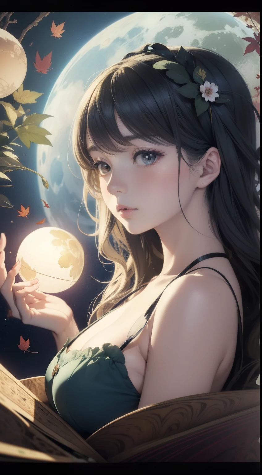 Ukiyo-e style, Kate Greenaway, Margaret Tarrant, animesque surreal fanciful wondrous strange Whimsical Sci-Fi Fantasy Rotating Celestial Globe Girl Alchemy Library The Secret of the Creation of Heaven and Earth autumn leaves The Moon Is Full Solo girl breass, tight drsss sweet innocent sexy beautiful face, hyperdetailed high resolution masterpiece