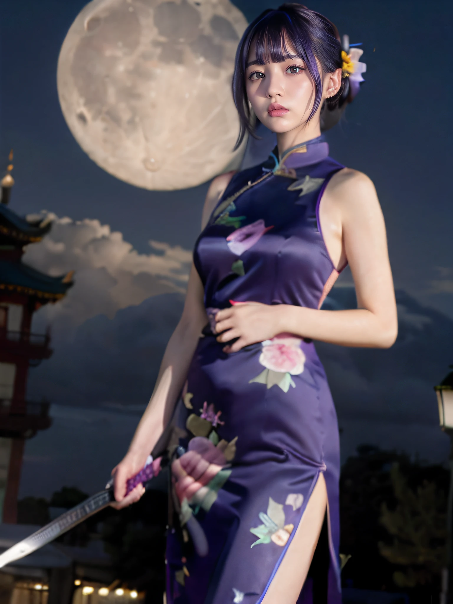 fullllbody、16yo girl、Lots of bangs、kawaii、Round young face、(Purple eyes)、(darkblue hair:1.2)、short-hair、long back hair、((Purple Floral Long Cheongsam 1.5))、long slit、slightly fleshy paws、Exposed thighs、(Holding one longsword in one hand:1.1)、(Large clock tower in the background)、(a dark night)、2.5 dimensions、Oriental cities、is standing、(Clouds and Moon:1.1)